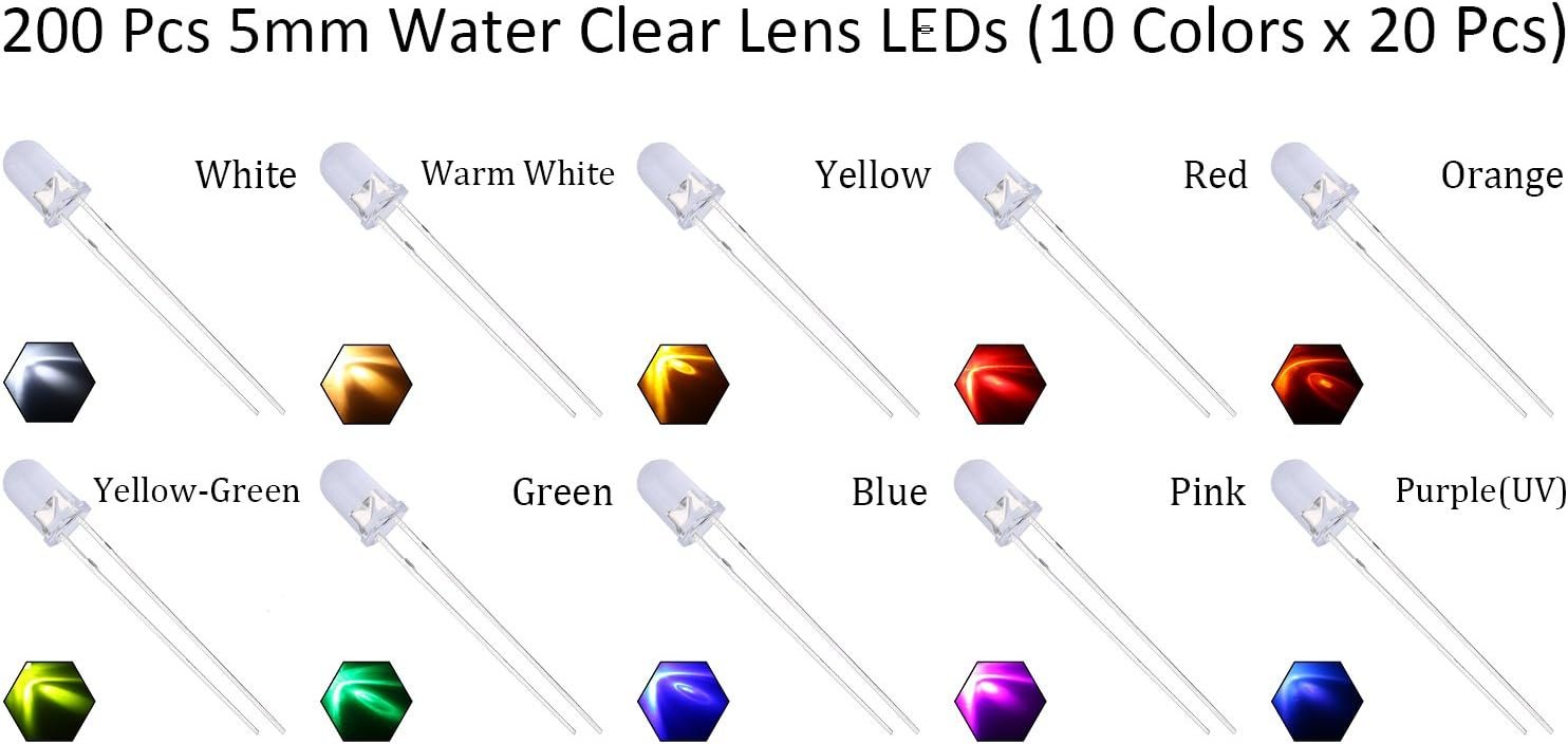 200pcs 10 Colors x 20pcs 5mm LED Light Emitting Diode Assorted Kit 29mm Lead Clear Round Lamp White Red Blue Green Yellow UV Bright LEDs Bulb +300pcs Resistors for DC 6-12V Lights - Image 3