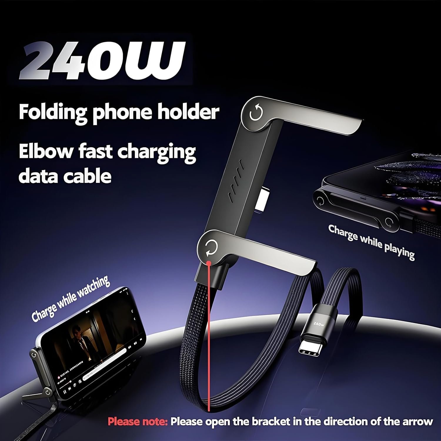 2-in-1 Invisible Stand Charging Cable, Multi Charger Cord with Type C Multi-Angle Adjustable Stand, 240W Fast Charging Cable 5 FT, for Smartphones,Tablets,Laptops,and Gaming Devices - Image 4