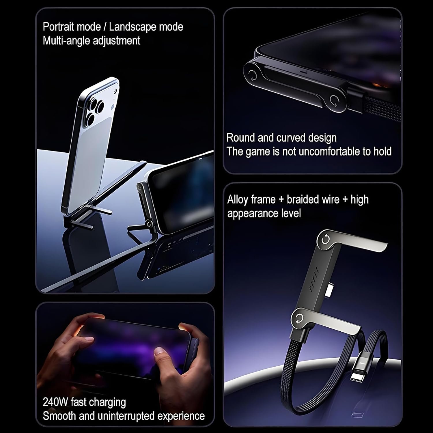 2-in-1 Invisible Stand Charging Cable, Multi Charger Cord with Type C Multi-Angle Adjustable Stand, 240W Fast Charging Cable 5 FT, for Smartphones,Tablets,Laptops,and Gaming Devices - Image 5