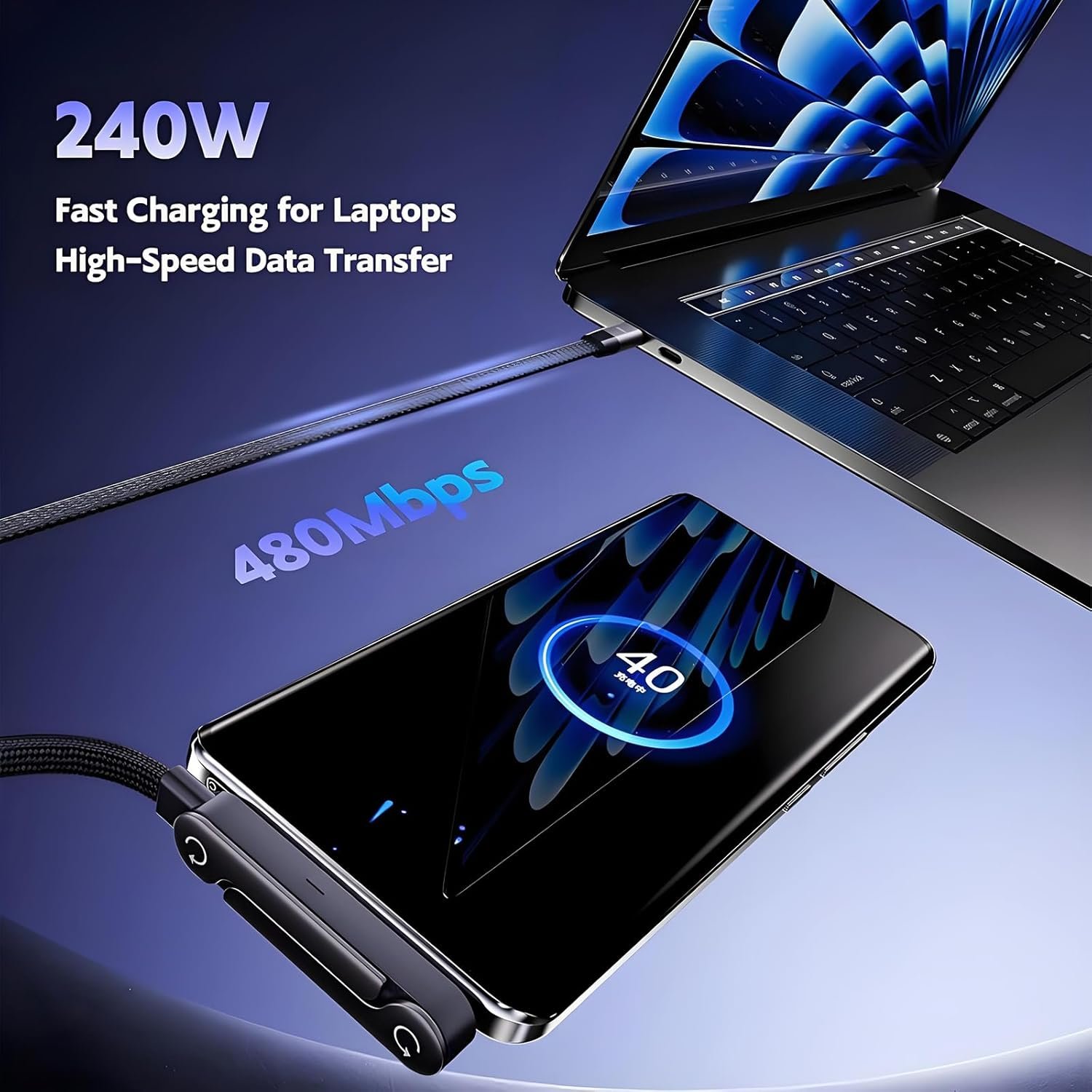 2-in-1 Invisible Stand Charging Cable, Multi Charger Cord with Type C Multi-Angle Adjustable Stand, 240W Fast Charging Cable 5 FT, for Smartphones,Tablets,Laptops,and Gaming Devices - Image 6