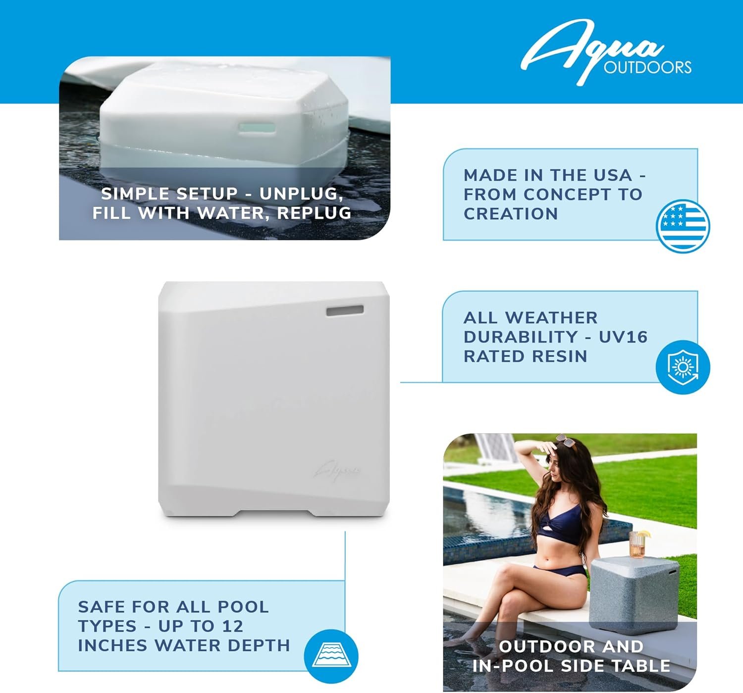 Aqua Outdoors - Small Side Table - for Inside Pool, Sun Shelf & Patio Surfaces - Designed for Shallow Shelves Up to 10” - Compatible with All Pool Types - Poolside & Sun Deck Tanning - White Granite - Image 5