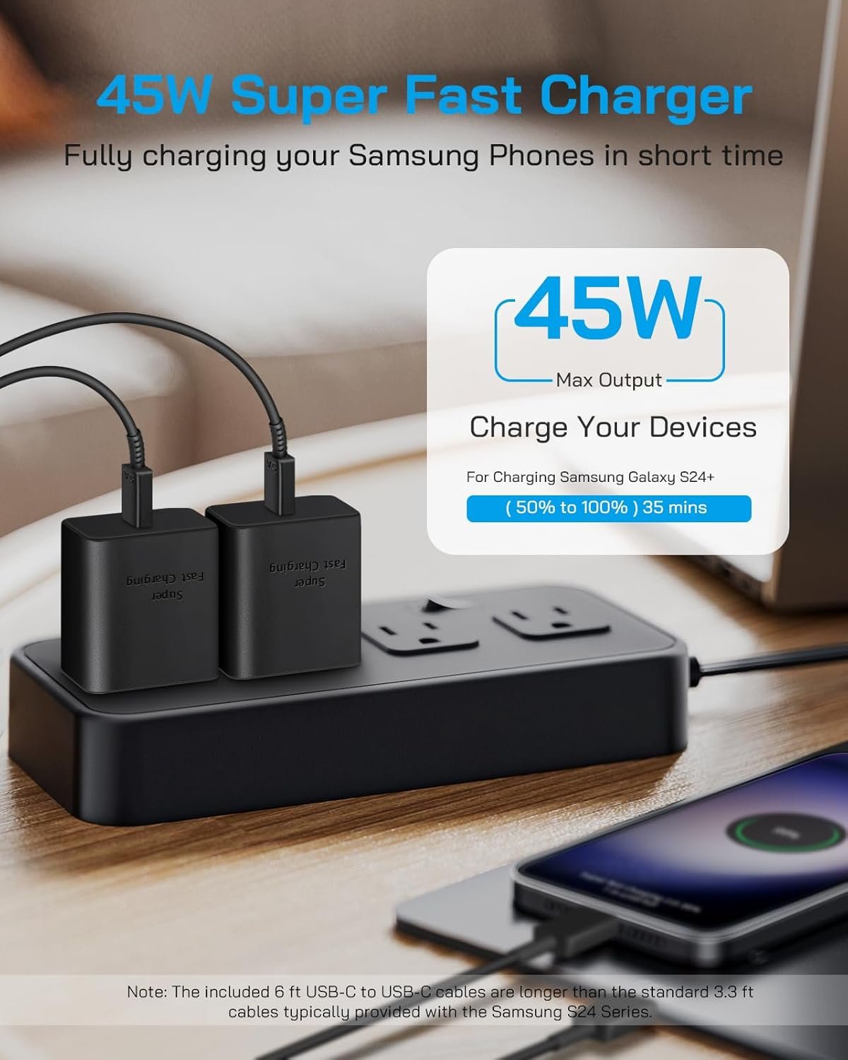 AISNI 2 Pack 45W Type C Super Fast Charger USB C Android Phone Charger Block with 6 FT Type C Fast Charging Cord for Samsung Galaxy S26/S25/24/S23/S22 Ultra - Image 4