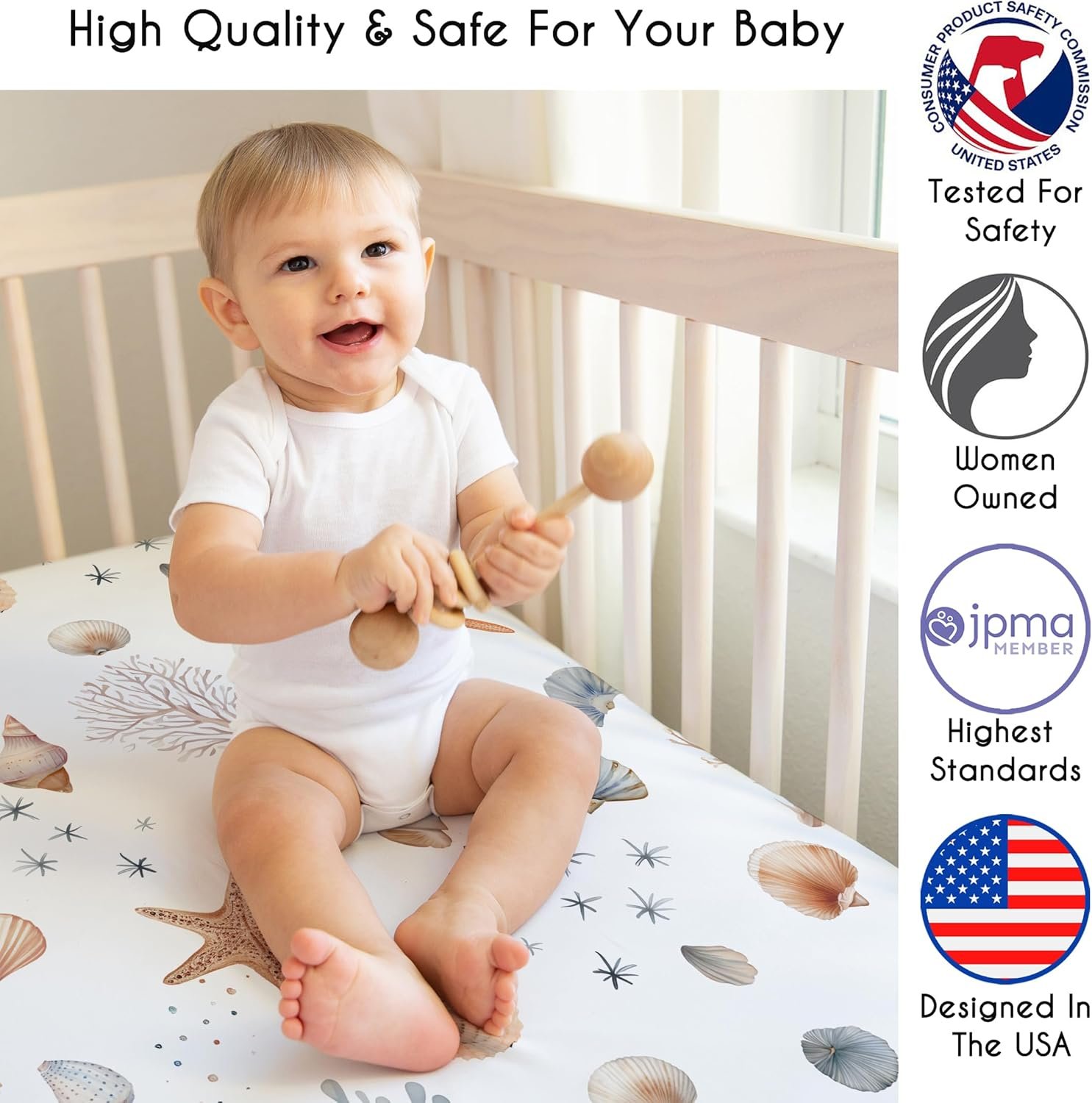 Sweet Jojo Designs Fitted Baby Crib Sheets (Ocean Seashells) for Boys or Girls, Infant Nursery, Toddler Room - Standard Size (Nautical, Watercolor, Starfish, Coastal, Sea Shell, Aquatic Nature, Taupe) - Image 4