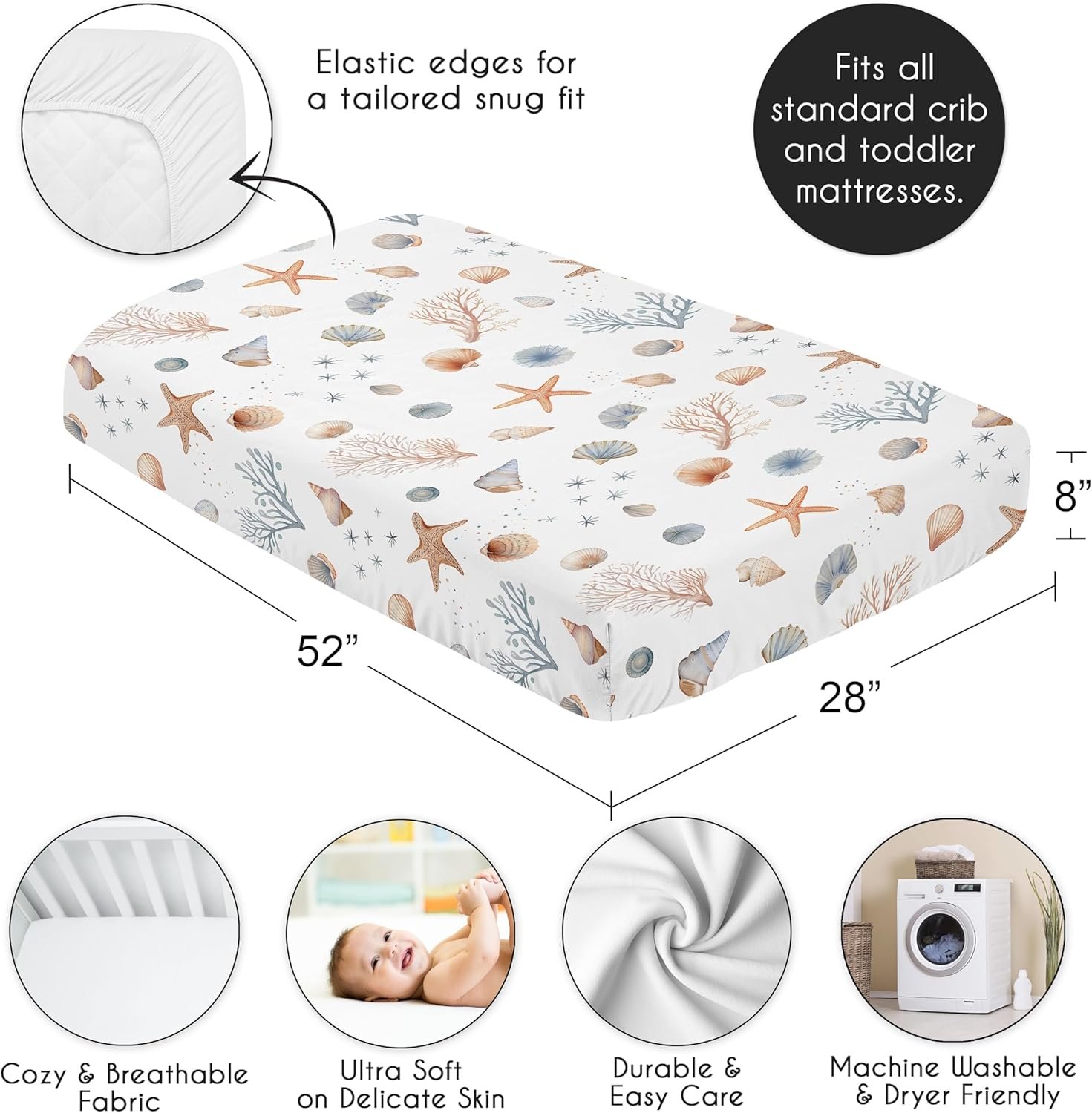 Sweet Jojo Designs Fitted Baby Crib Sheets (Ocean Seashells) for Boys or Girls, Infant Nursery, Toddler Room - Standard Size (Nautical, Watercolor, Starfish, Coastal, Sea Shell, Aquatic Nature, Taupe) - Image 5