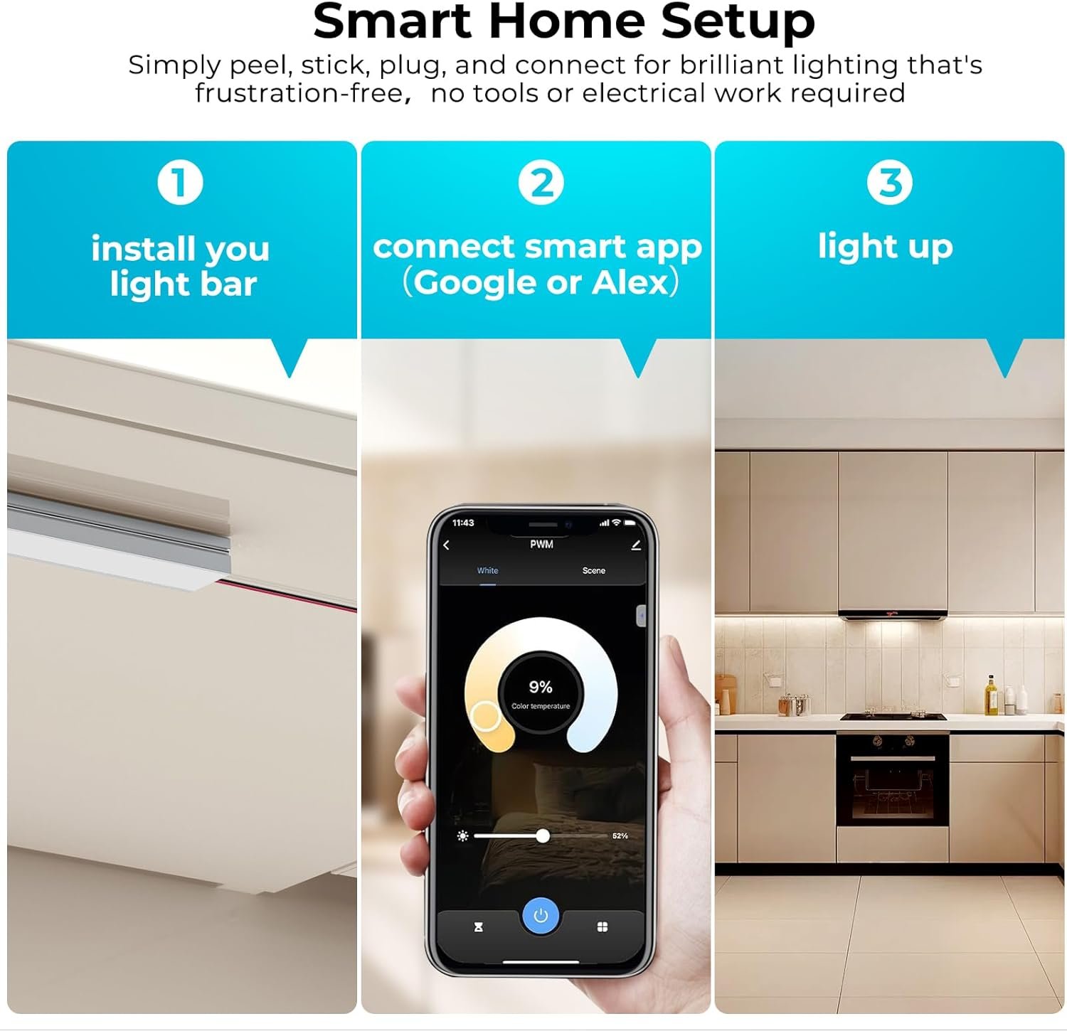 VST Smart Under Cabinet Lighting 6 Bars - UL Listed CRI 93+ Adjustable COB Strip Lights, Alexa & Google Home Compatible, App/Voice/Hand Wave Control for Kitchen Cabinets & Closets - Image 3