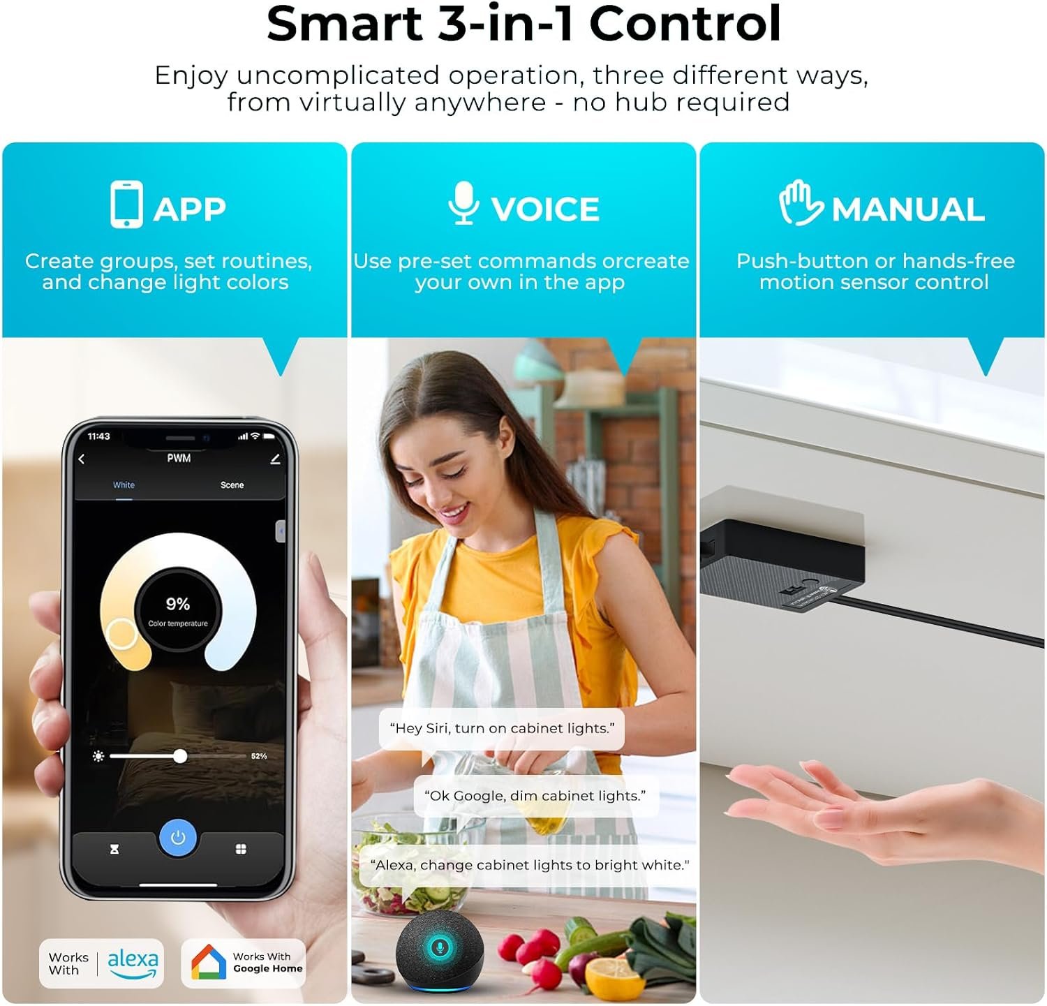 VST Smart Under Cabinet Lighting 6 Bars - UL Listed CRI 93+ Adjustable COB Strip Lights, Alexa & Google Home Compatible, App/Voice/Hand Wave Control for Kitchen Cabinets & Closets - Image 4