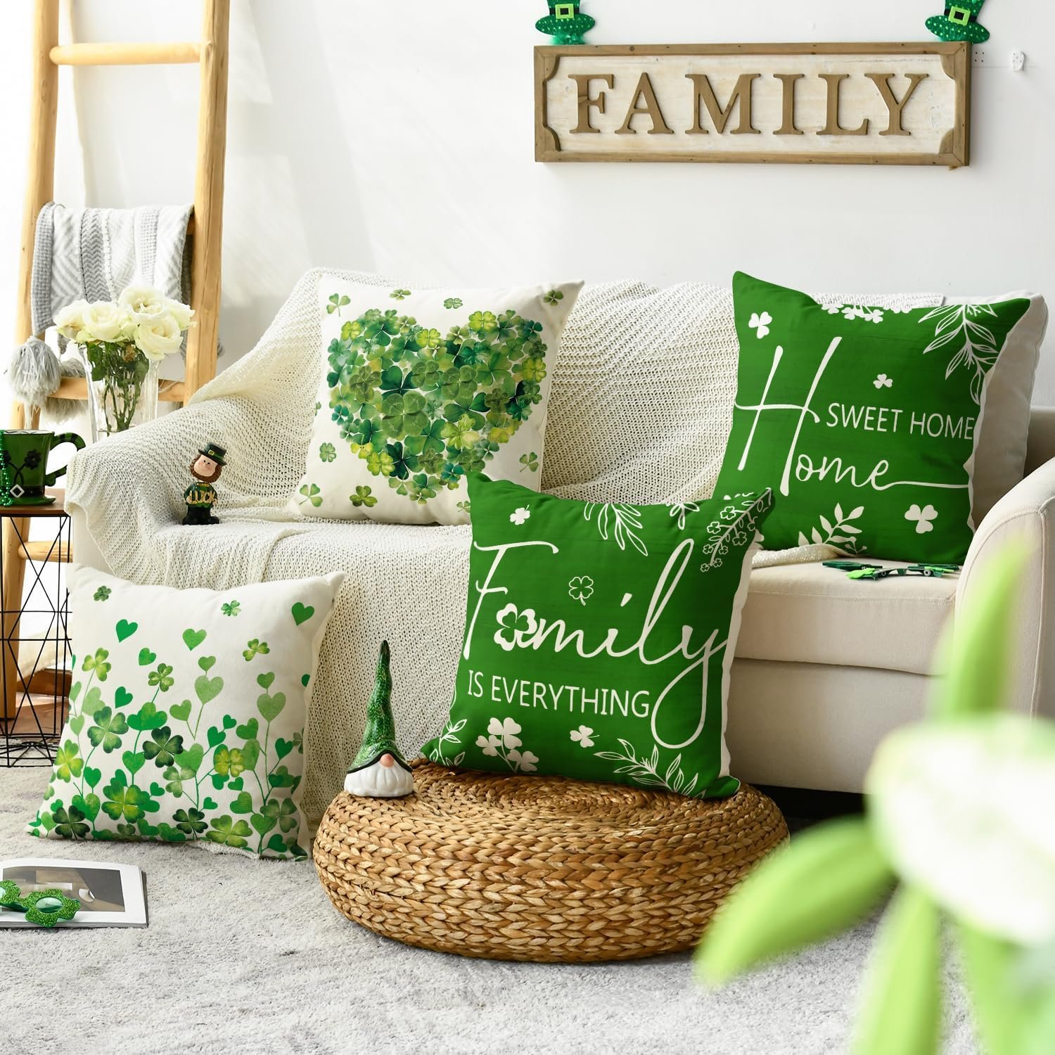 AVOIN colorlife ST Patricks Day Home Sweet Home Clovers Heart Throw Pillow Covers, 18 x 18 Inch Family is Everything Shamrock Decoration for Sofa Couch Set of 4 - Image 3
