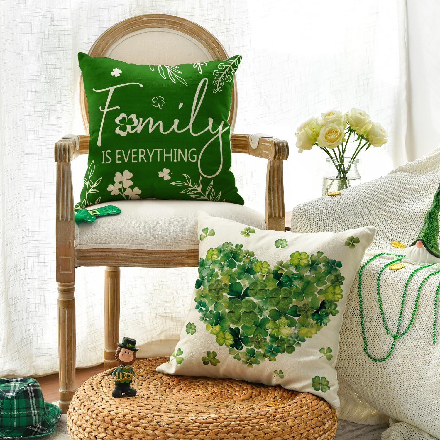 AVOIN colorlife ST Patricks Day Home Sweet Home Clovers Heart Throw Pillow Covers, 18 x 18 Inch Family is Everything Shamrock Decoration for Sofa Couch Set of 4 - Image 4