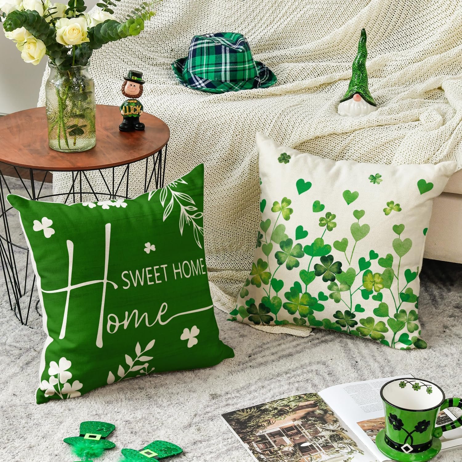 AVOIN colorlife ST Patricks Day Home Sweet Home Clovers Heart Throw Pillow Covers, 18 x 18 Inch Family is Everything Shamrock Decoration for Sofa Couch Set of 4 - Image 5