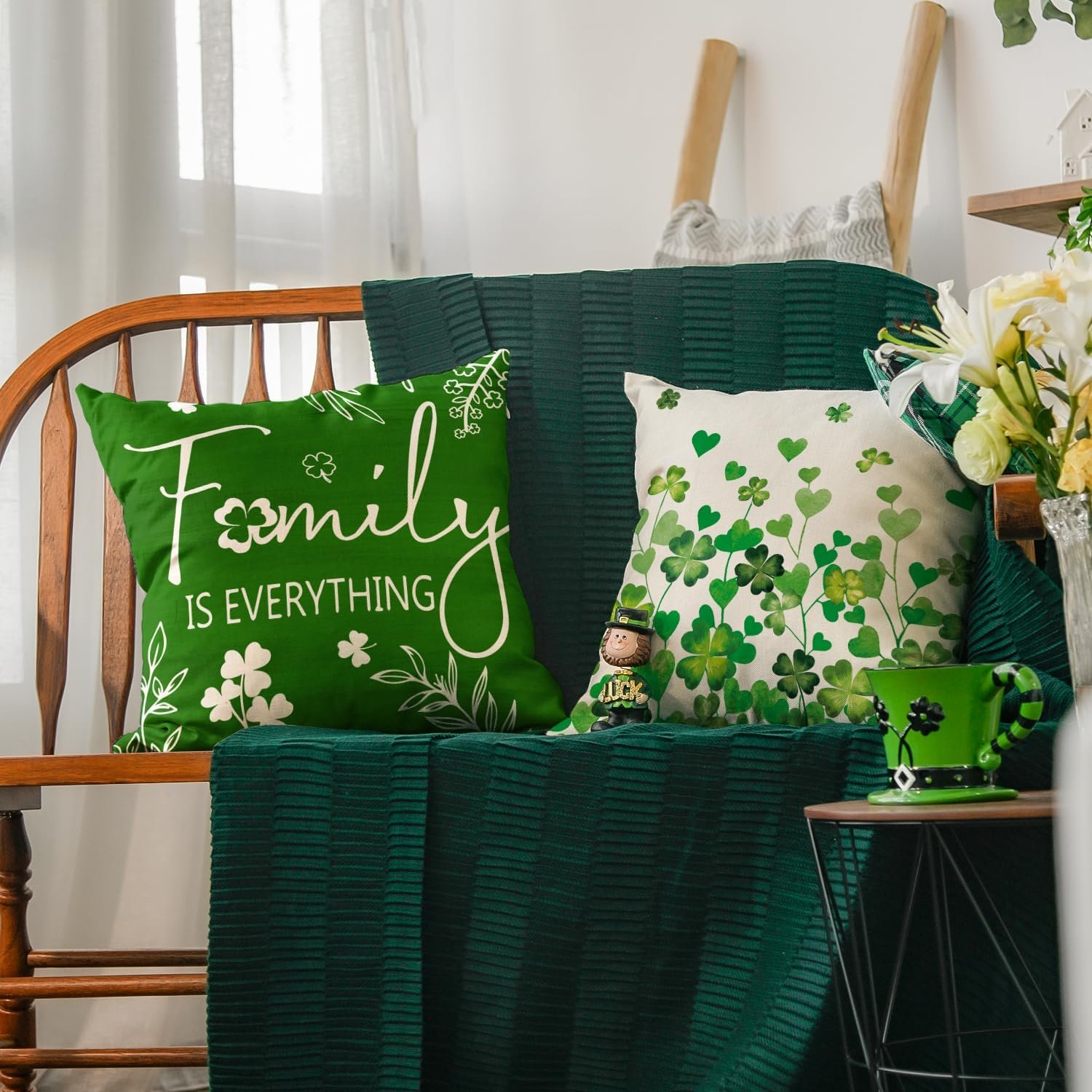 AVOIN colorlife ST Patricks Day Home Sweet Home Clovers Heart Throw Pillow Covers, 18 x 18 Inch Family is Everything Shamrock Decoration for Sofa Couch Set of 4 - Image 6