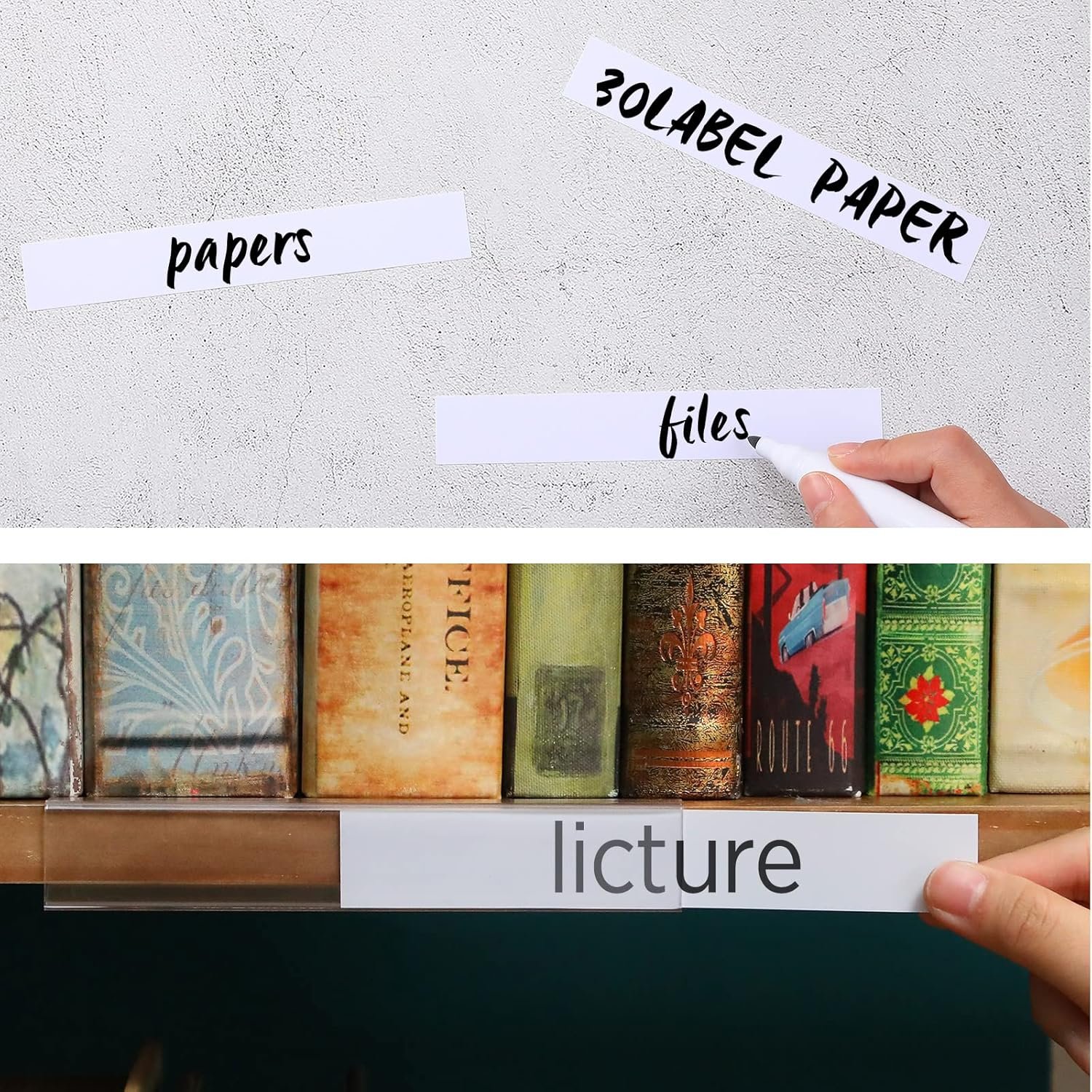 Teling 30 Pieces Shelf Label Holder, Clear Plastic 0.875'' x 6'' Shelves Clip Wood Tags Ticket Sign Label Metal Holders for 0.75'' Thick Shelves Includes Matched Blank Inserts Offices Libraries - Image 6