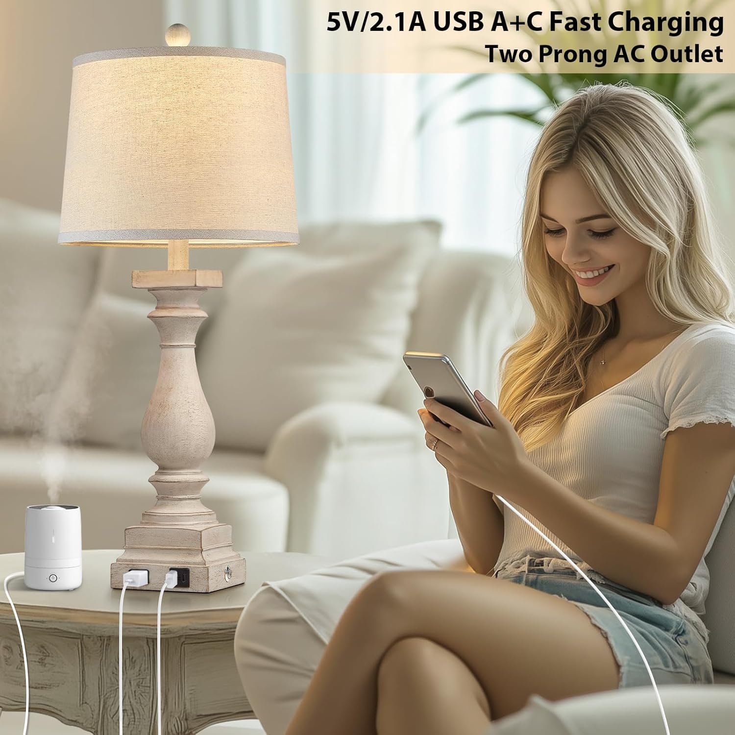28" Tall Farmhouse Table Lamps Set of 2 with USB C+A Ports and AC Outlet, 3 Way Touch Control Rustic Bedside Lamp for Bedroom, Beige Vintage Nightstand Lamp for Living Room Office - Image 3