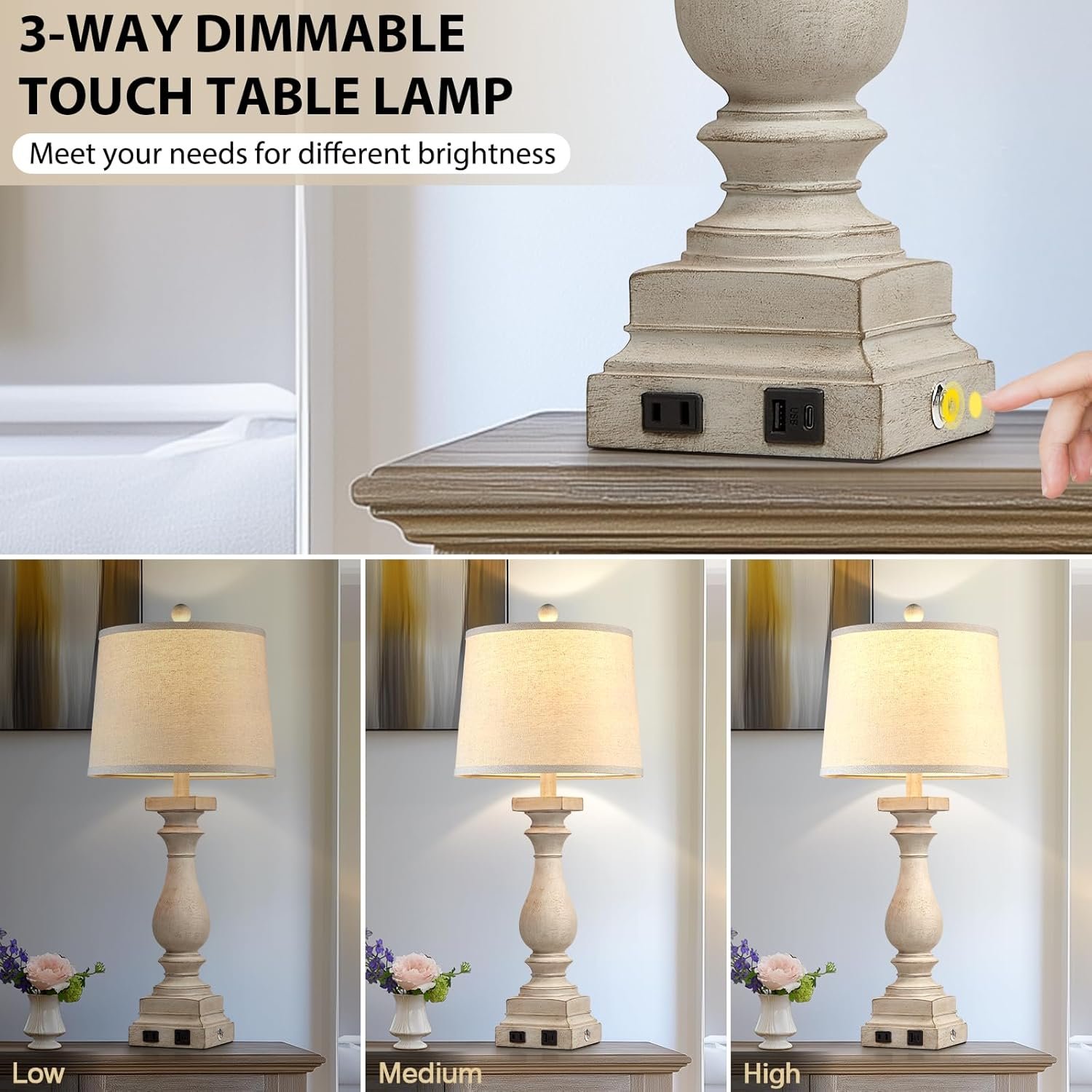28" Tall Farmhouse Table Lamps Set of 2 with USB C+A Ports and AC Outlet, 3 Way Touch Control Rustic Bedside Lamp for Bedroom, Beige Vintage Nightstand Lamp for Living Room Office - Image 4