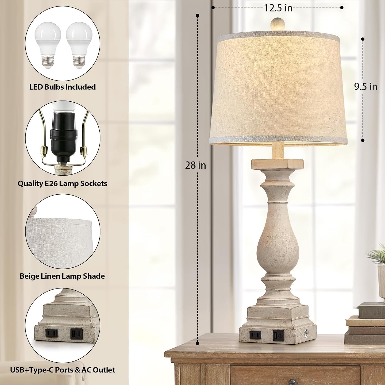 28" Tall Farmhouse Table Lamps Set of 2 with USB C+A Ports and AC Outlet, 3 Way Touch Control Rustic Bedside Lamp for Bedroom, Beige Vintage Nightstand Lamp for Living Room Office - Image 5