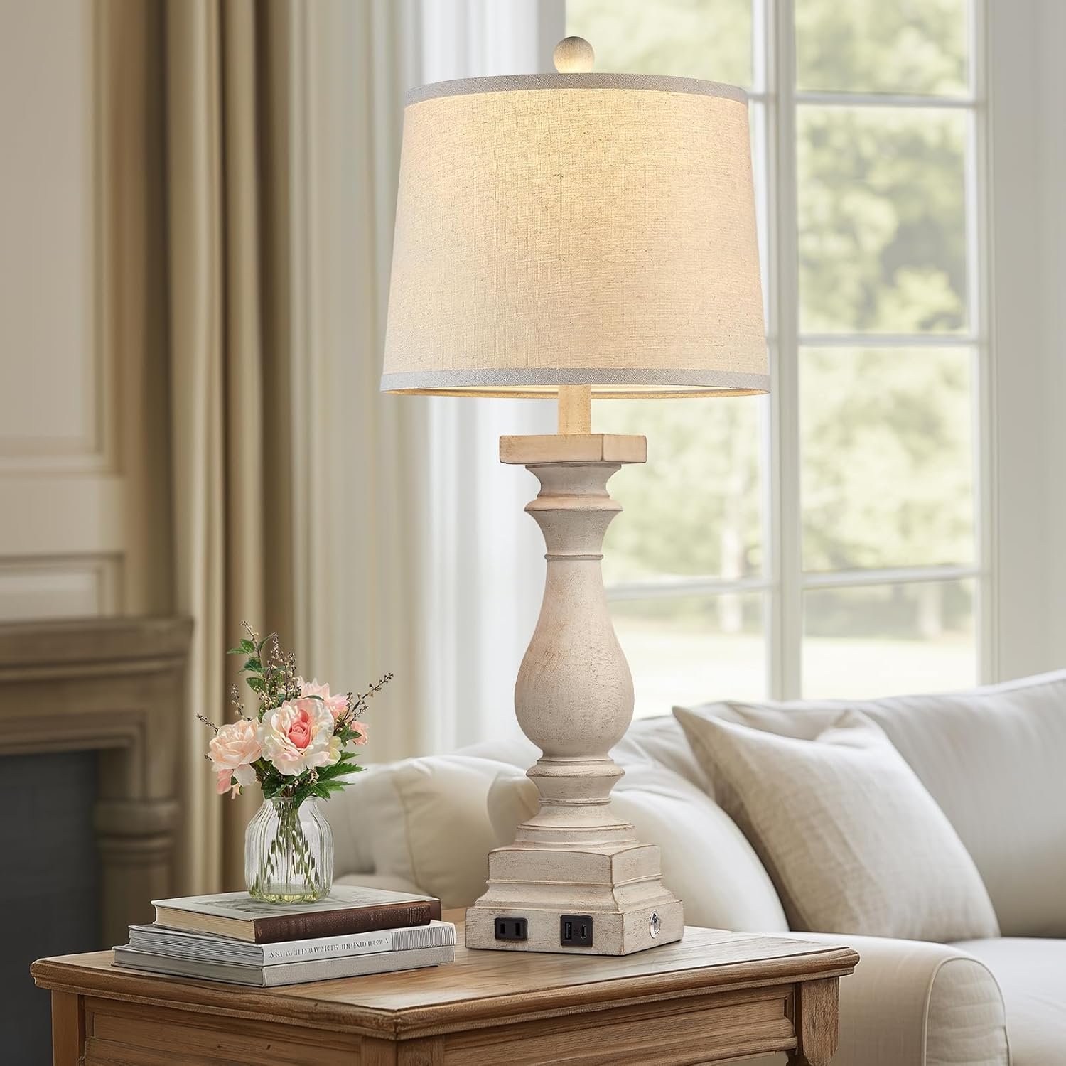 28" Tall Farmhouse Table Lamps Set of 2 with USB C+A Ports and AC Outlet, 3 Way Touch Control Rustic Bedside Lamp for Bedroom, Beige Vintage Nightstand Lamp for Living Room Office - Image 7