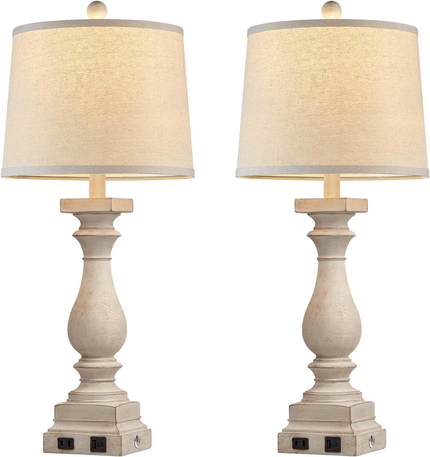 28" Tall Farmhouse Table Lamps Set of 2 with USB C+A Ports and AC Outlet, 3 Way Touch Control Rustic Bedside Lamp for Bedroom, Beige Vintage Nightstand Lamp for Living Room Office - Image 8