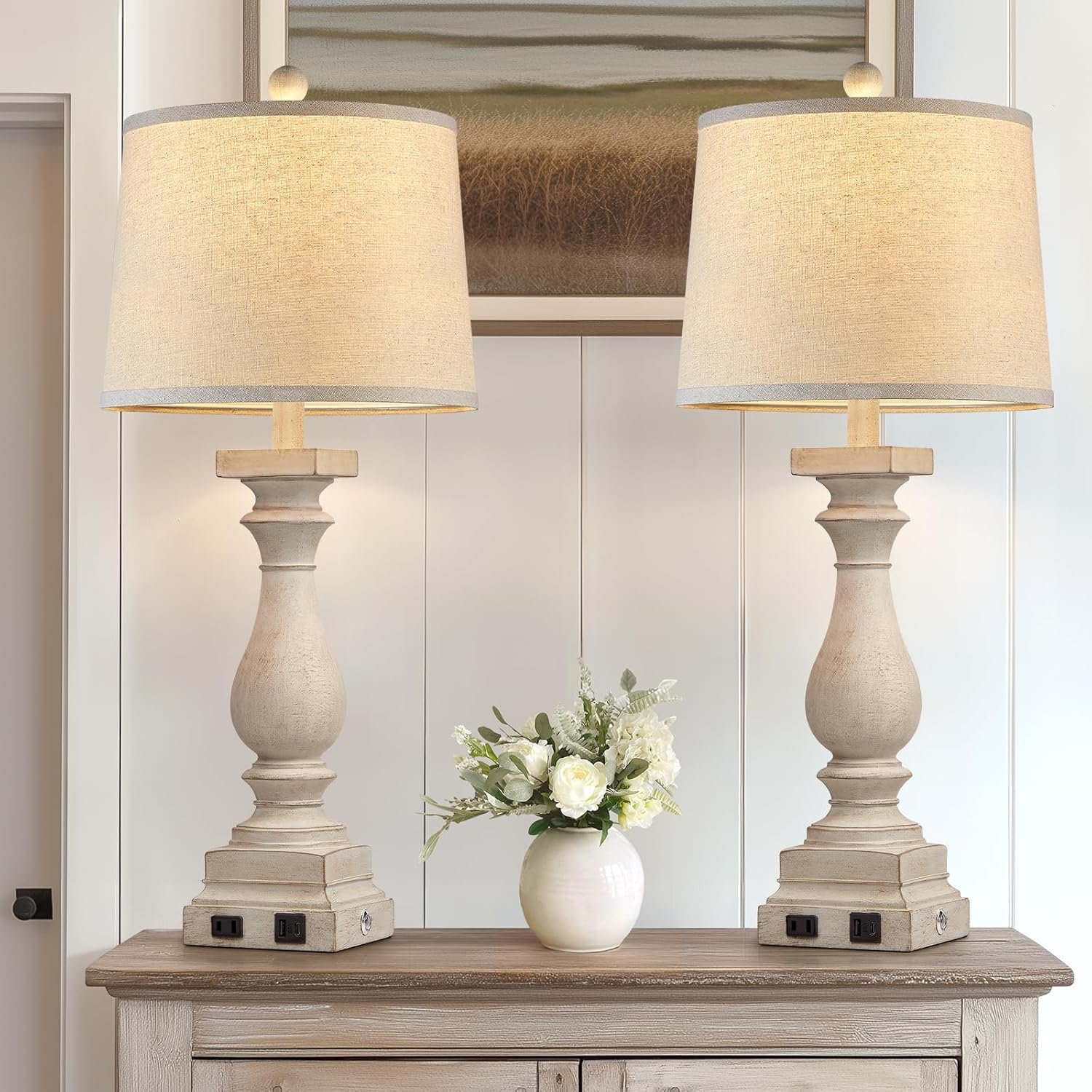 28" Tall Farmhouse Table Lamps Set of 2 with USB C+A Ports and AC Outlet, 3 Way Touch Control Rustic Bedside Lamp for Bedroom, Beige Vintage Nightstand Lamp for Living Room Office - Image 9
