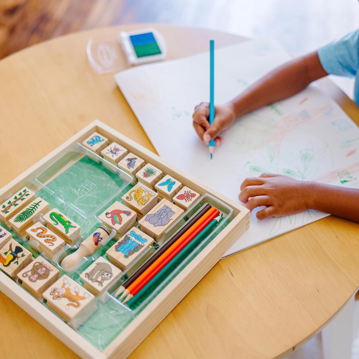 Melissa & Doug Stamp-a-Scene Stamp Set: Rain Forest - 20 Wooden Stamps, 5 Colored Pencils, and 2-Color Stamp Pad - Image 9