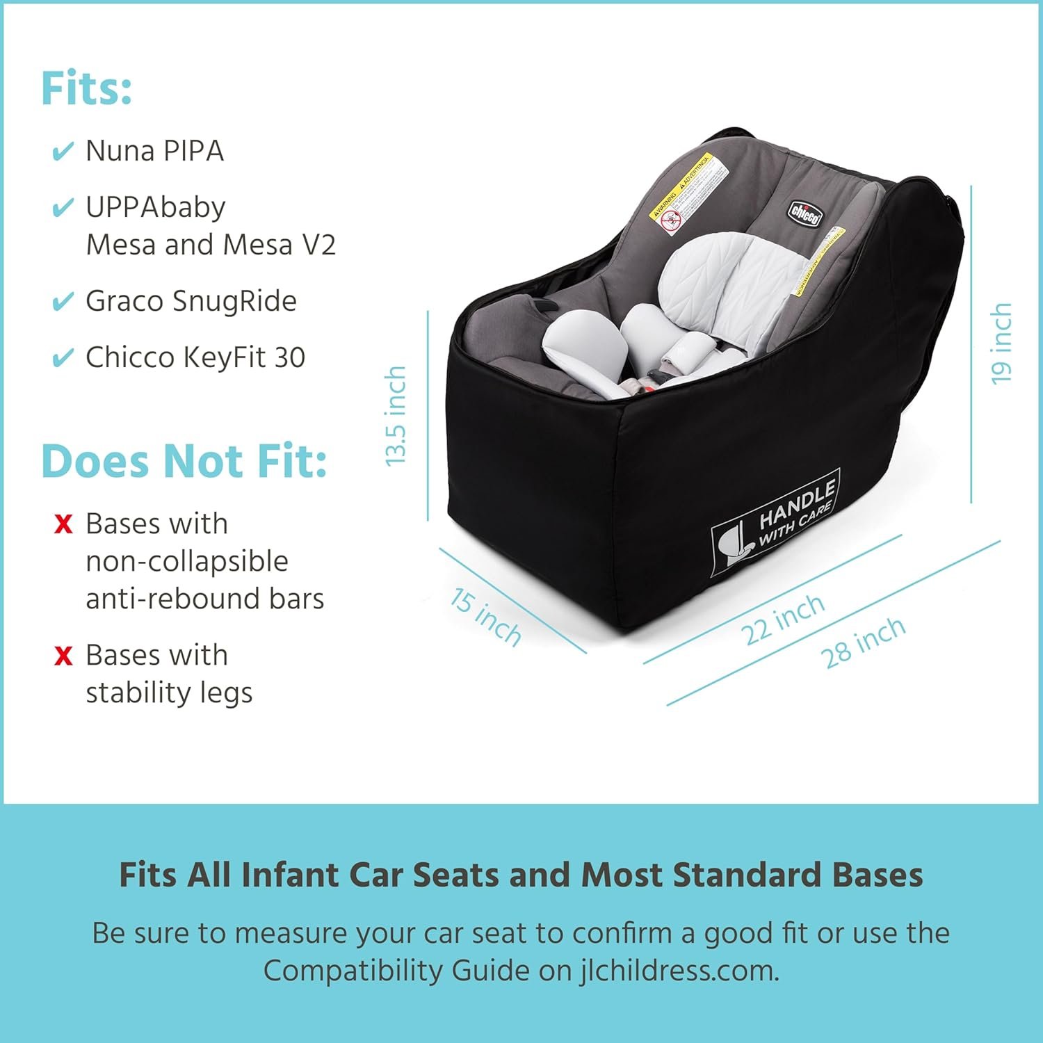 J.L. Childress Padded Infant Car Seat Bag - Travel Bag for Airplane, Fits Most Baby & Infant Car Seats, Compatible with UPPAbaby, Nuna, & Chicco, Airport Accessories, AirTag Compatible- Premier, Black - Image 4