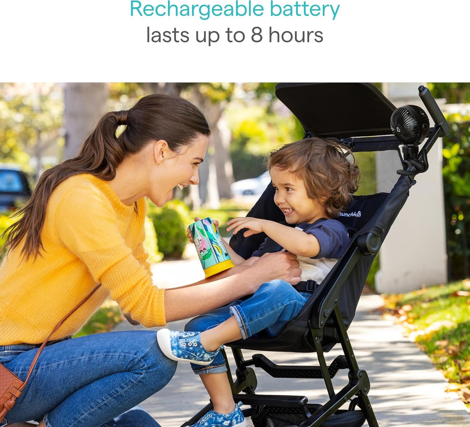 Munchkin Stroller Fan - Portable Fan for Travel, Baby Gear Accessory with 4 Speeds, Flexible Clip-on Leg Attachment, Rechargeable Battery, Black with Multicolored LED Lights - Image 3
