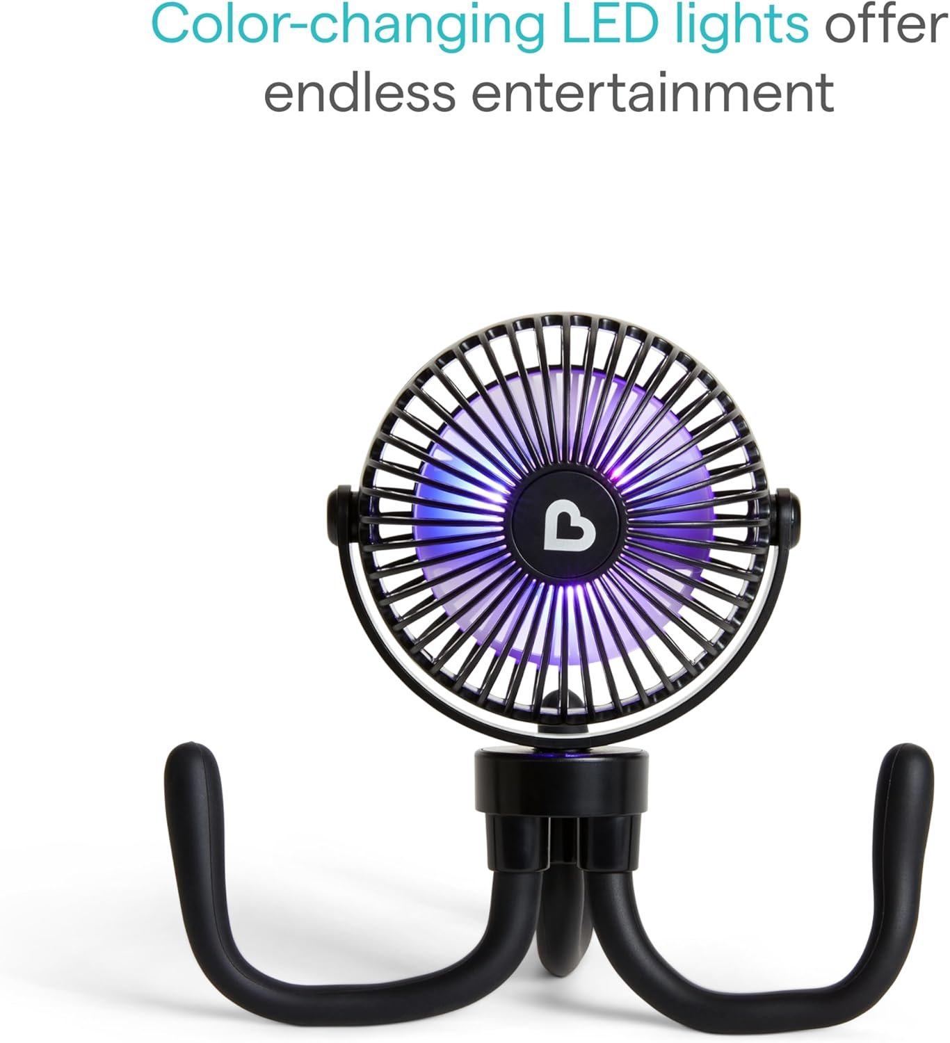 Munchkin Stroller Fan - Portable Fan for Travel, Baby Gear Accessory with 4 Speeds, Flexible Clip-on Leg Attachment, Rechargeable Battery, Black with Multicolored LED Lights - Image 7
