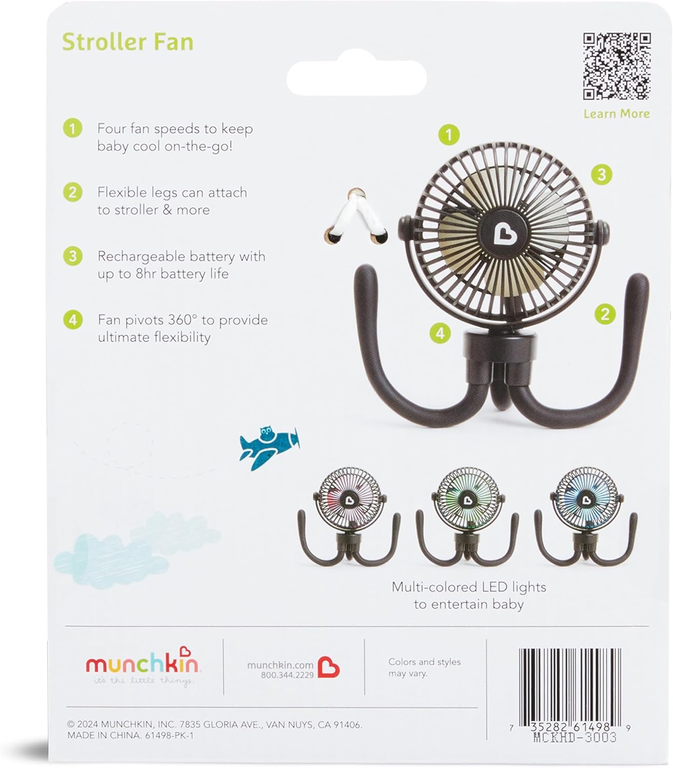 Munchkin Stroller Fan - Portable Fan for Travel, Baby Gear Accessory with 4 Speeds, Flexible Clip-on Leg Attachment, Rechargeable Battery, Black with Multicolored LED Lights - Image 11
