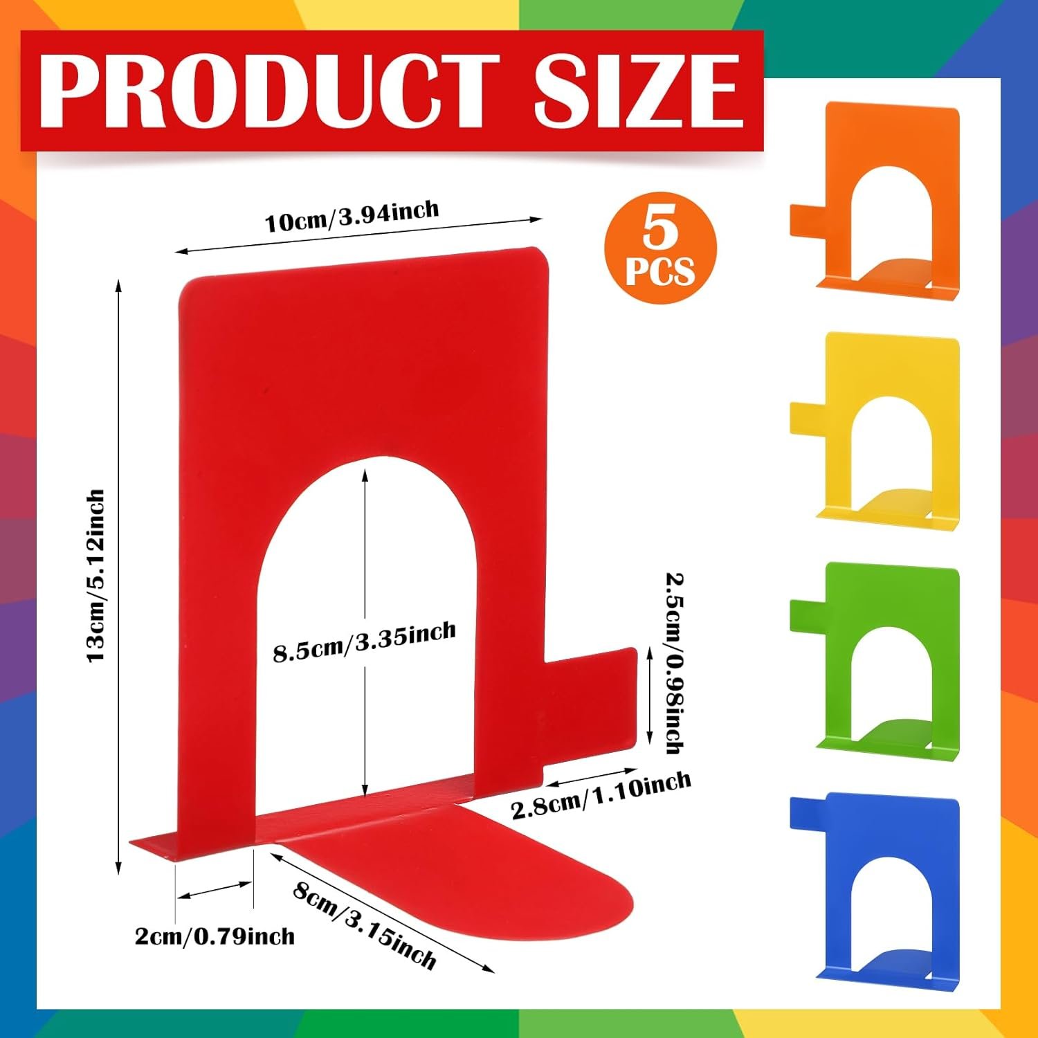 5 Set Metal Book Ends for Shelves Rainbow Book Shelf Dividers Library Shelf Marker Bookends Stopper Colorful Office Stand Holder for Heavy Books Desk Home Movies Kitchen Cds - Image 3