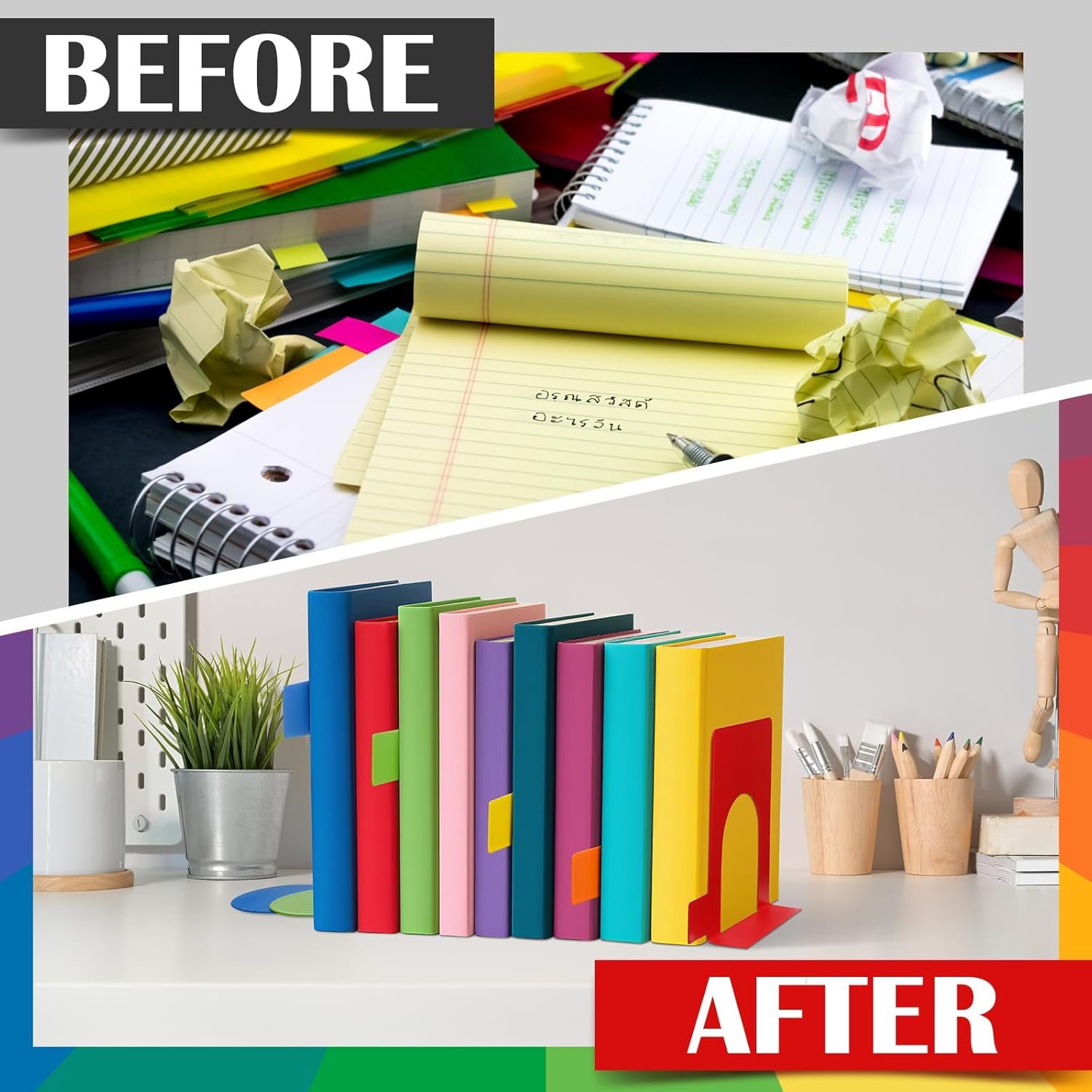5 Set Metal Book Ends for Shelves Rainbow Book Shelf Dividers Library Shelf Marker Bookends Stopper Colorful Office Stand Holder for Heavy Books Desk Home Movies Kitchen Cds - Image 4