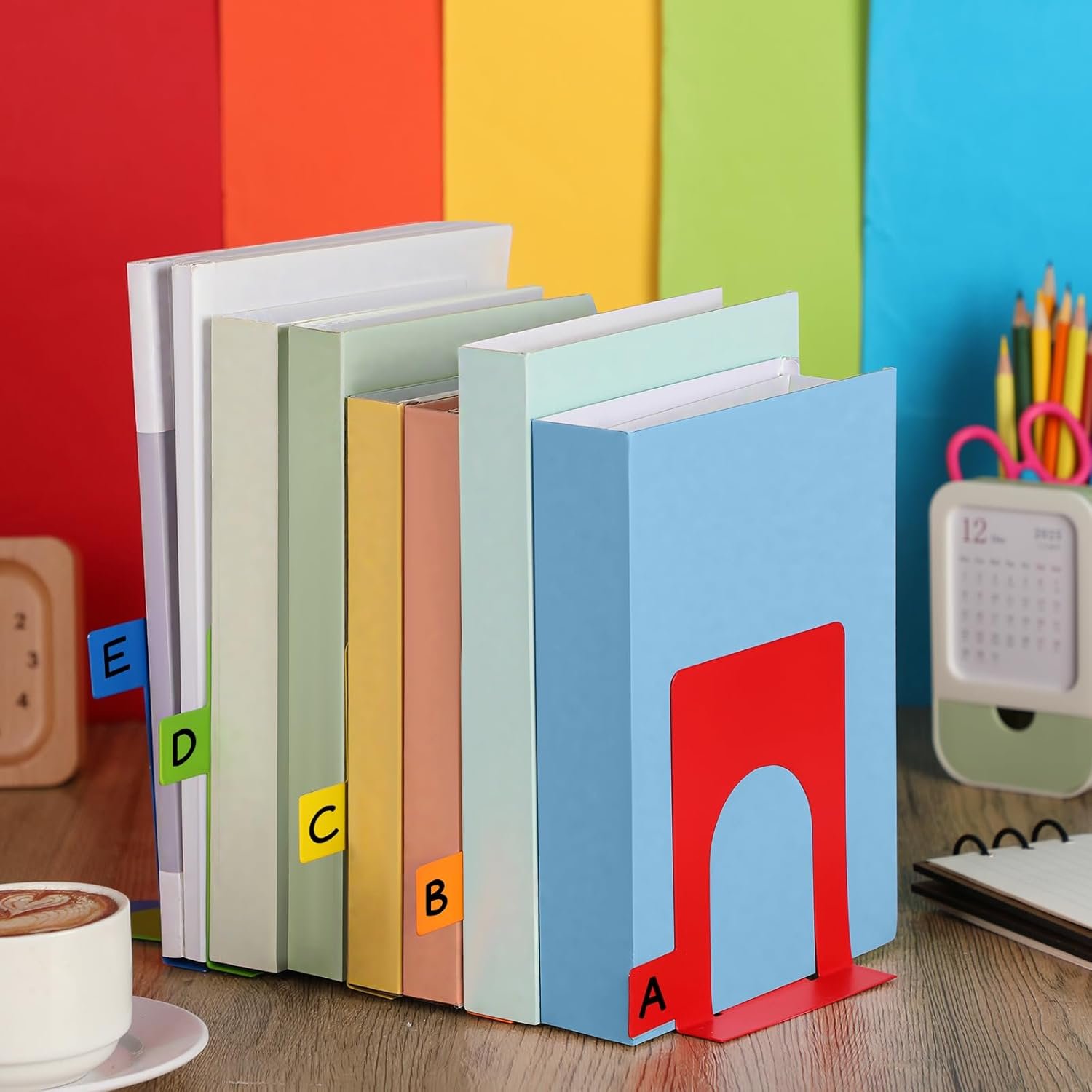 5 Set Metal Book Ends for Shelves Rainbow Book Shelf Dividers Library Shelf Marker Bookends Stopper Colorful Office Stand Holder for Heavy Books Desk Home Movies Kitchen Cds - Image 5