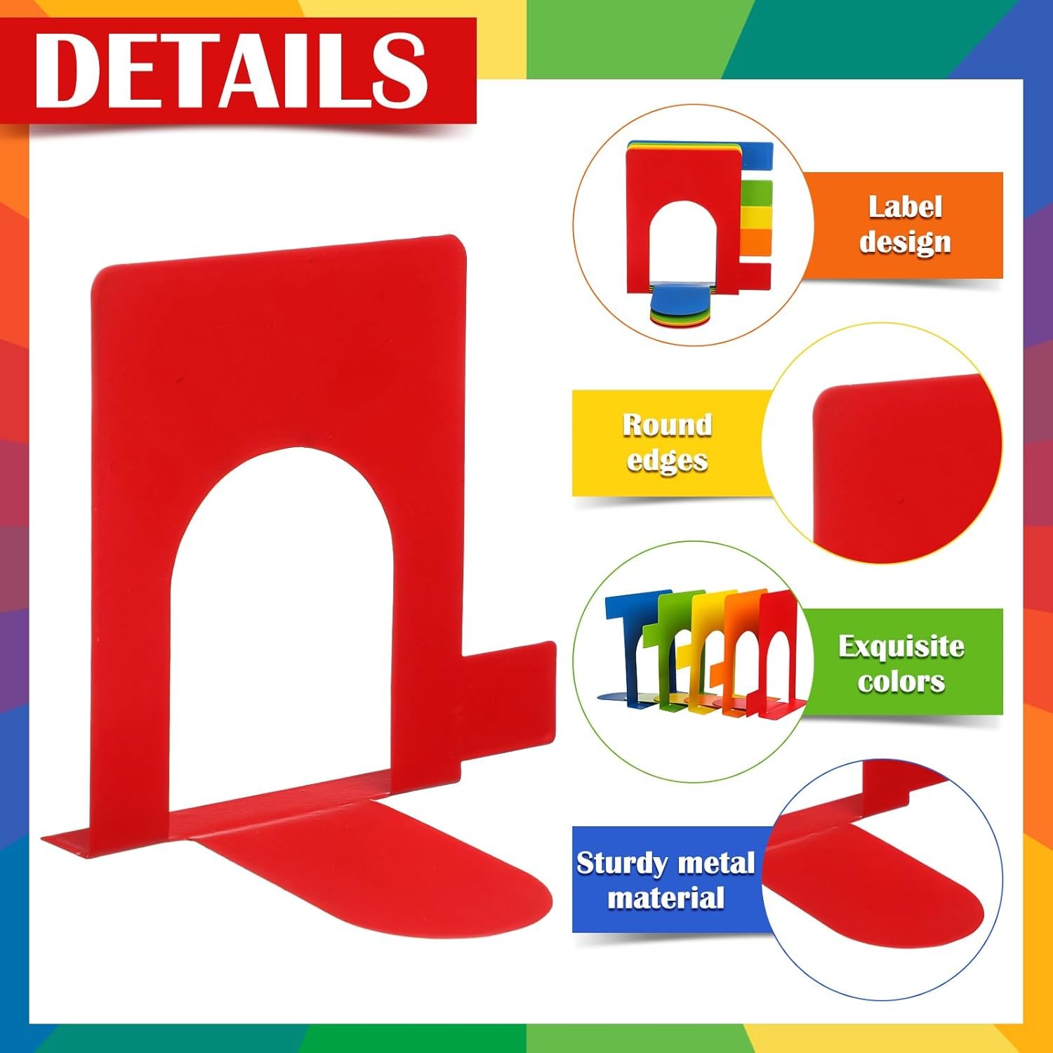 5 Set Metal Book Ends for Shelves Rainbow Book Shelf Dividers Library Shelf Marker Bookends Stopper Colorful Office Stand Holder for Heavy Books Desk Home Movies Kitchen Cds - Image 6