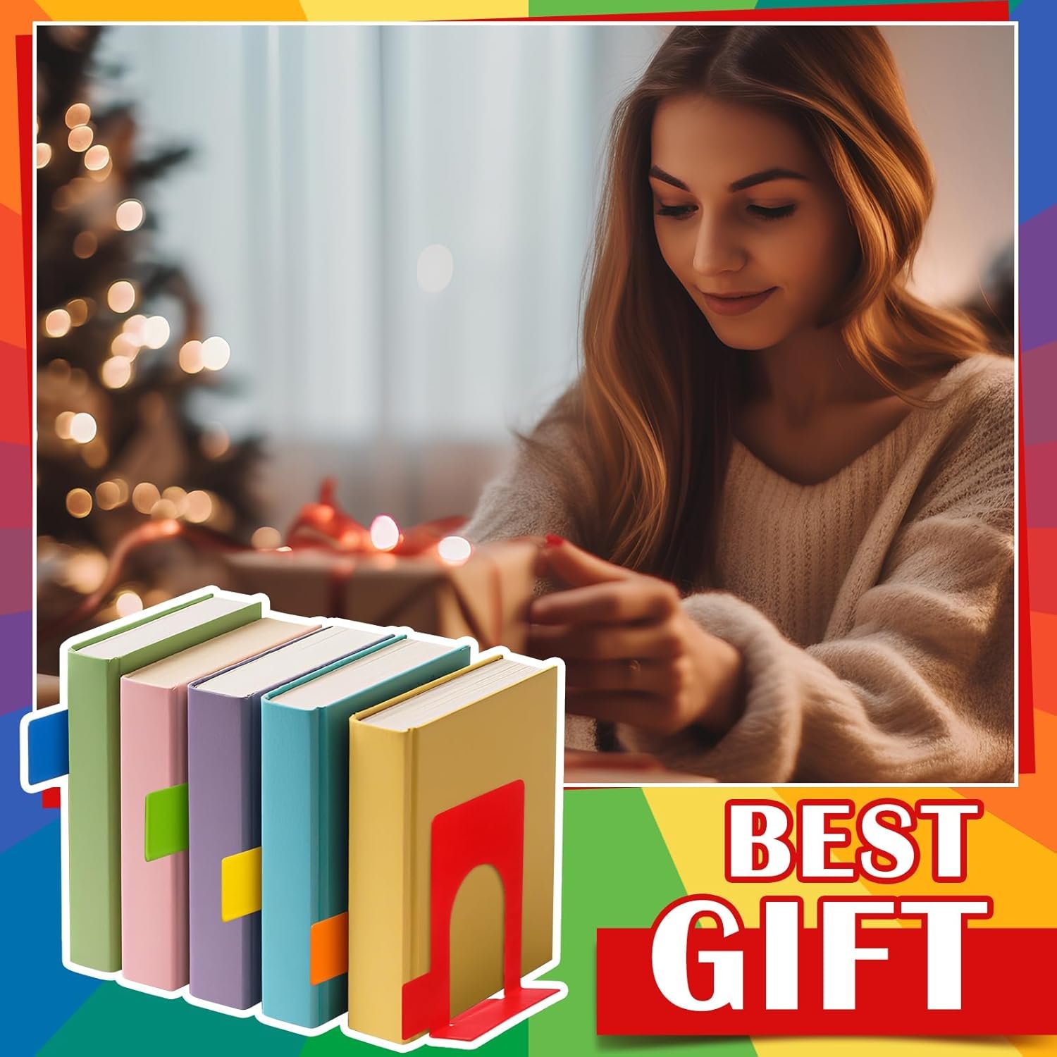 5 Set Metal Book Ends for Shelves Rainbow Book Shelf Dividers Library Shelf Marker Bookends Stopper Colorful Office Stand Holder for Heavy Books Desk Home Movies Kitchen Cds - Image 9