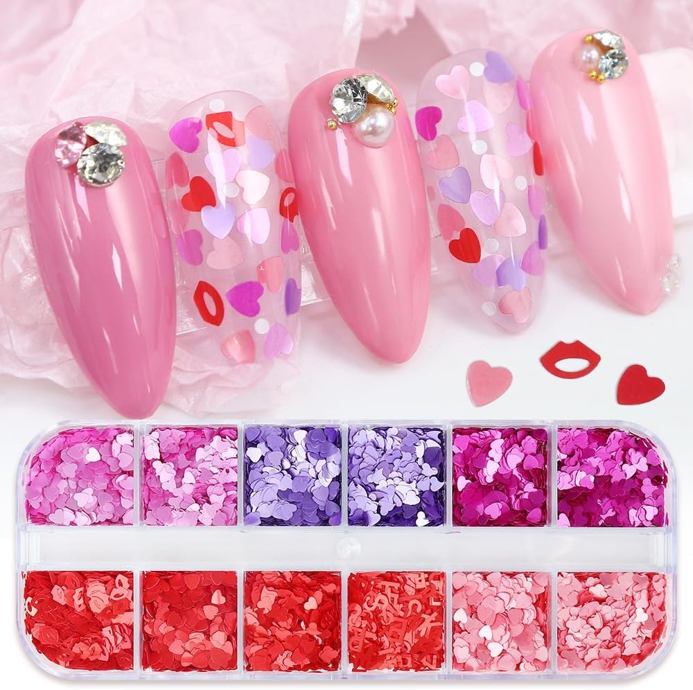12-Grid Mixed Color Valentine's Day Nail Art Glitter Sequins Mixed Love Stars Letters Lips Color Heart-Shaped Nail Sequins Valentine's DIY Nail Art Decoration - Image 3