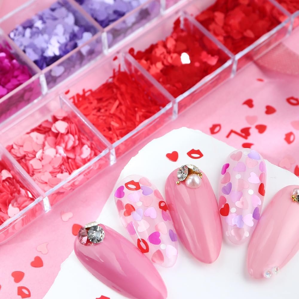 12-Grid Mixed Color Valentine's Day Nail Art Glitter Sequins Mixed Love Stars Letters Lips Color Heart-Shaped Nail Sequins Valentine's DIY Nail Art Decoration - Image 4