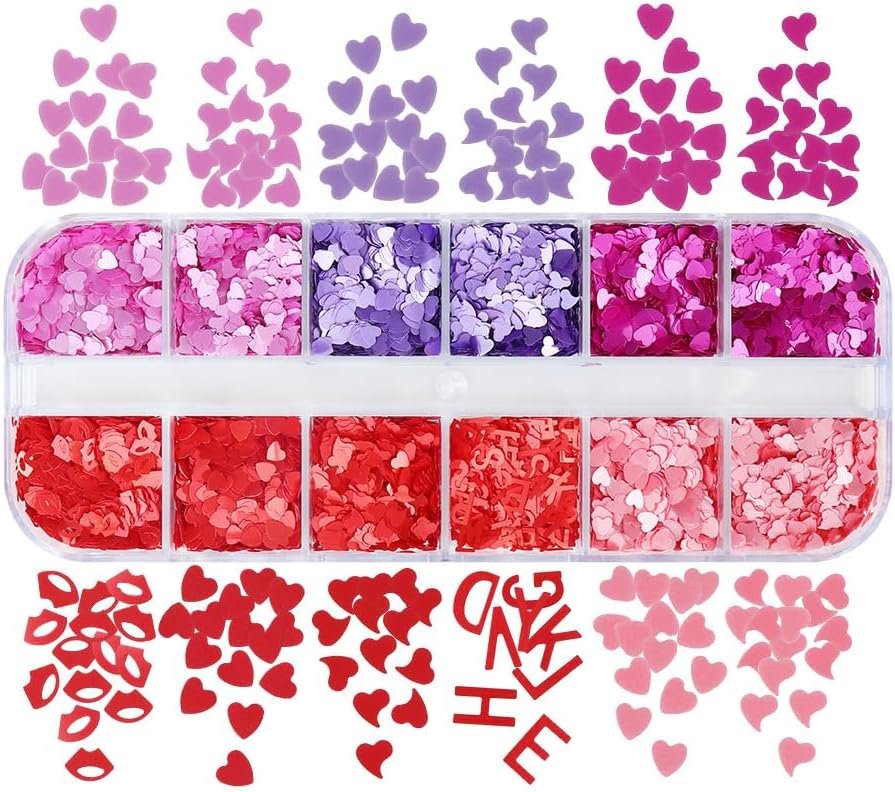 12-Grid Mixed Color Valentine's Day Nail Art Glitter Sequins Mixed Love Stars Letters Lips Color Heart-Shaped Nail Sequins Valentine's DIY Nail Art Decoration - Image 5
