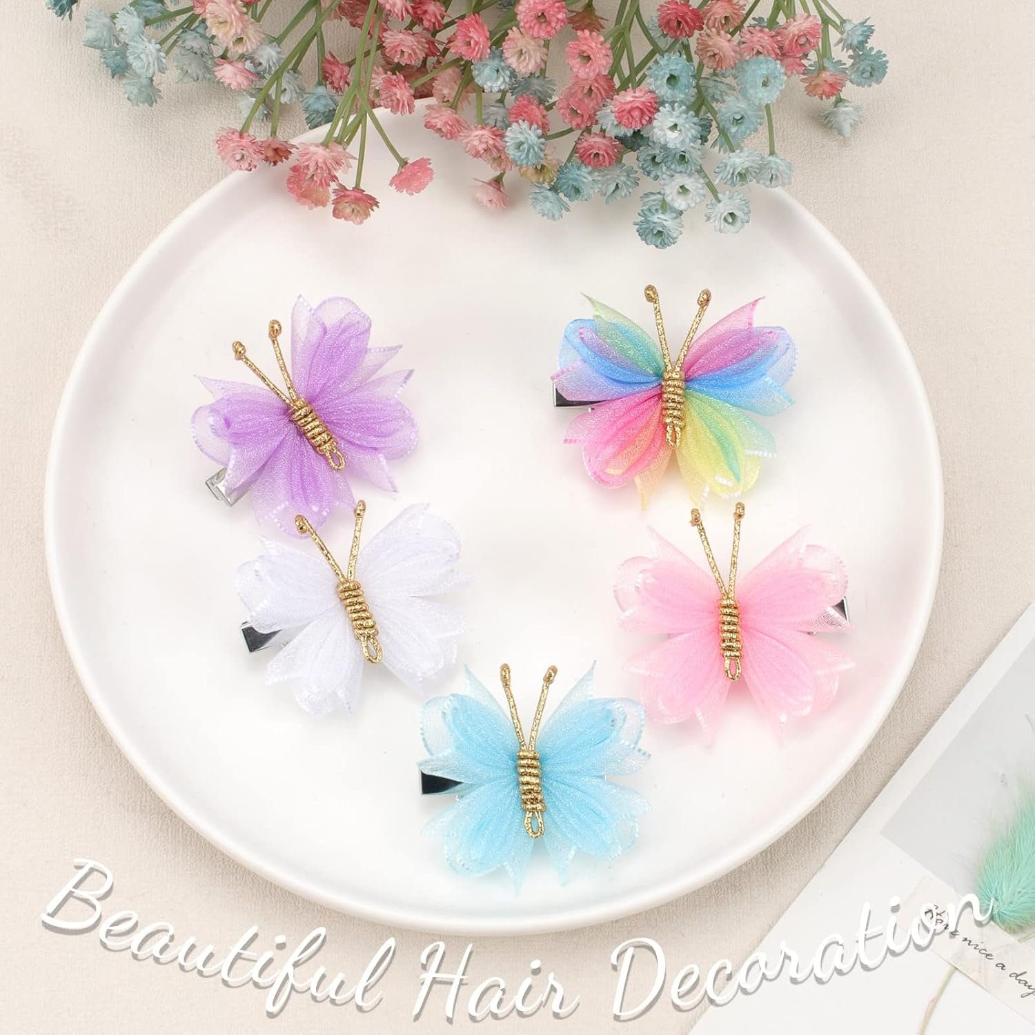 Oaoleer Hair Clips, 10PCS Mini Butterfly Hair Barrettes, 2" Tulle Mesh, Colorful Butterfly Hair Accessories for Baby Girls Women Halloween Cosplaying Party Decor - Image 8