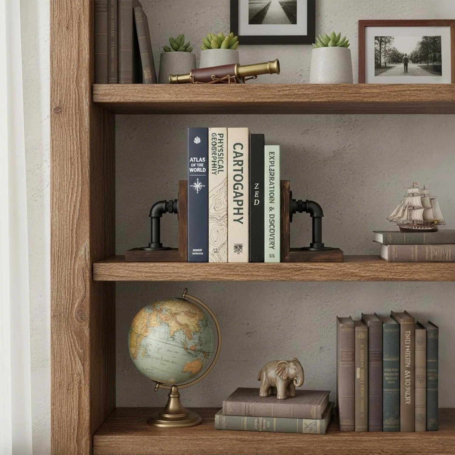 MyGift Book Ends Decorative, Bookends for Shelves, Metal Bookends for Heavy Books, Office Decor for Men, Wood Book Stopper, Realistic Industrial Pipe Design, Dark Brown - Image 3