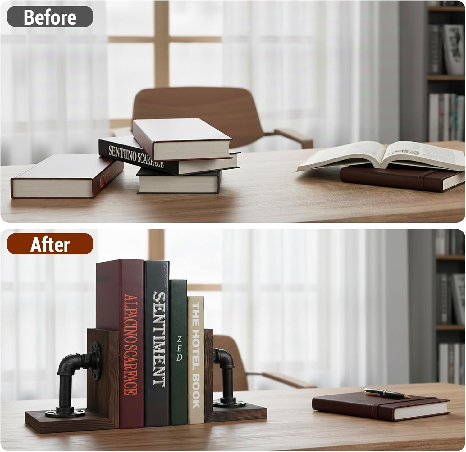 MyGift Book Ends Decorative, Bookends for Shelves, Metal Bookends for Heavy Books, Office Decor for Men, Wood Book Stopper, Realistic Industrial Pipe Design, Dark Brown - Image 4