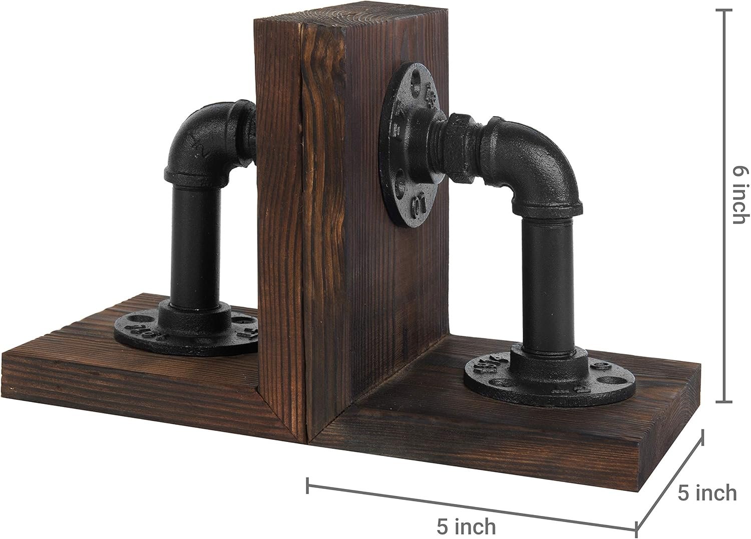 MyGift Book Ends Decorative, Bookends for Shelves, Metal Bookends for Heavy Books, Office Decor for Men, Wood Book Stopper, Realistic Industrial Pipe Design, Dark Brown - Image 5
