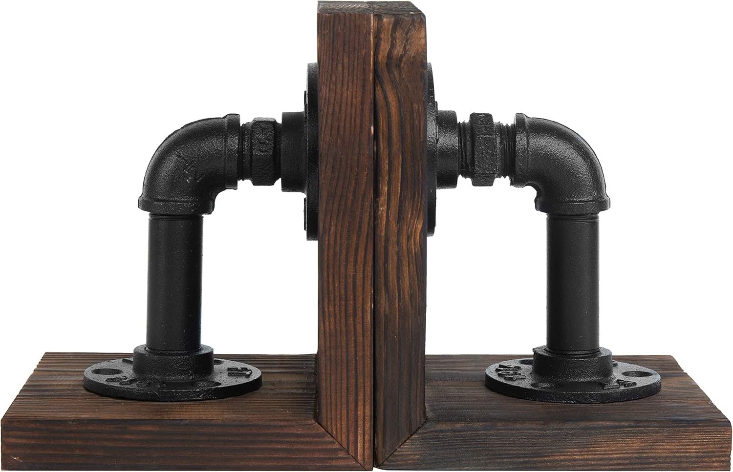 MyGift Book Ends Decorative, Bookends for Shelves, Metal Bookends for Heavy Books, Office Decor for Men, Wood Book Stopper, Realistic Industrial Pipe Design, Dark Brown - Image 6