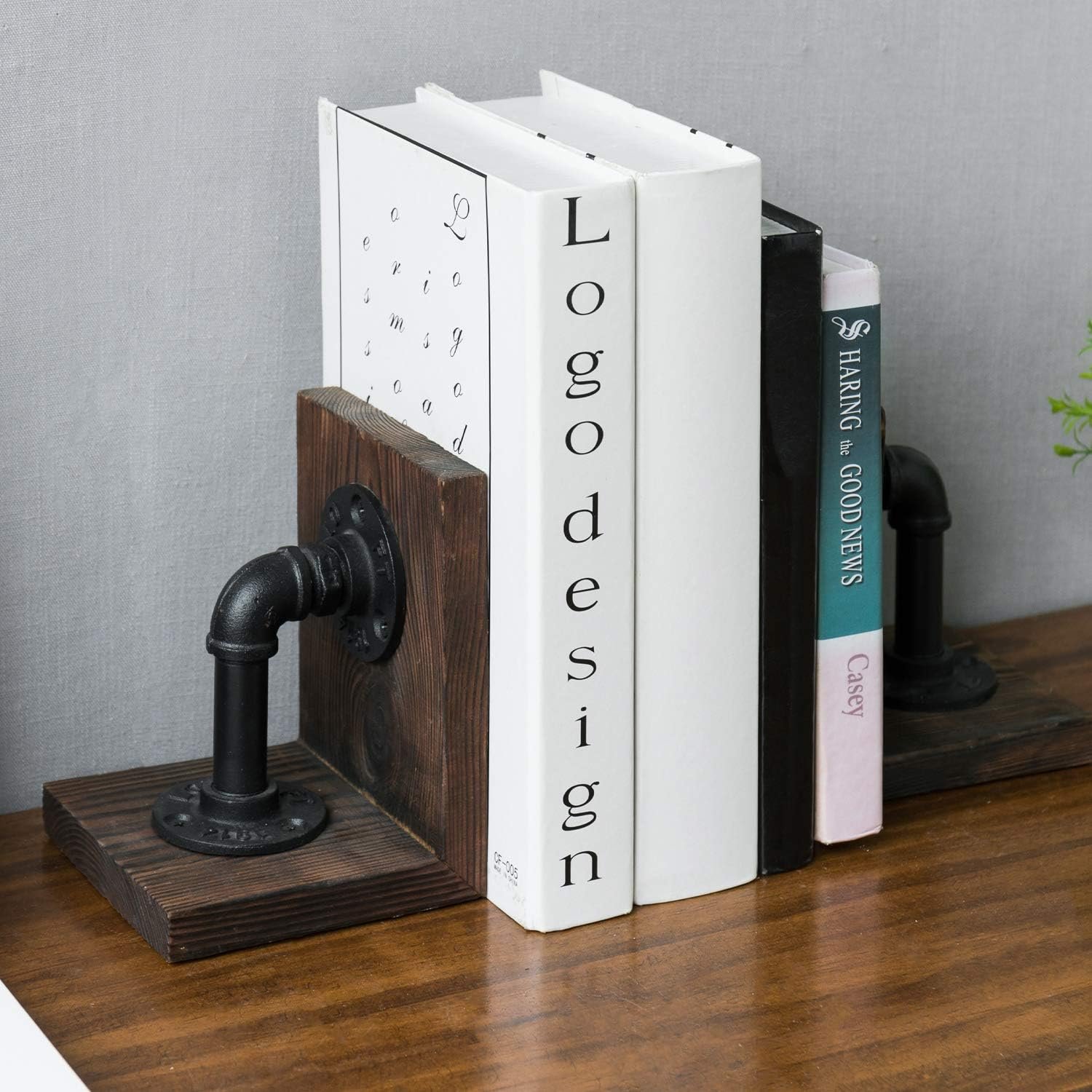 MyGift Book Ends Decorative, Bookends for Shelves, Metal Bookends for Heavy Books, Office Decor for Men, Wood Book Stopper, Realistic Industrial Pipe Design, Dark Brown - Image 8