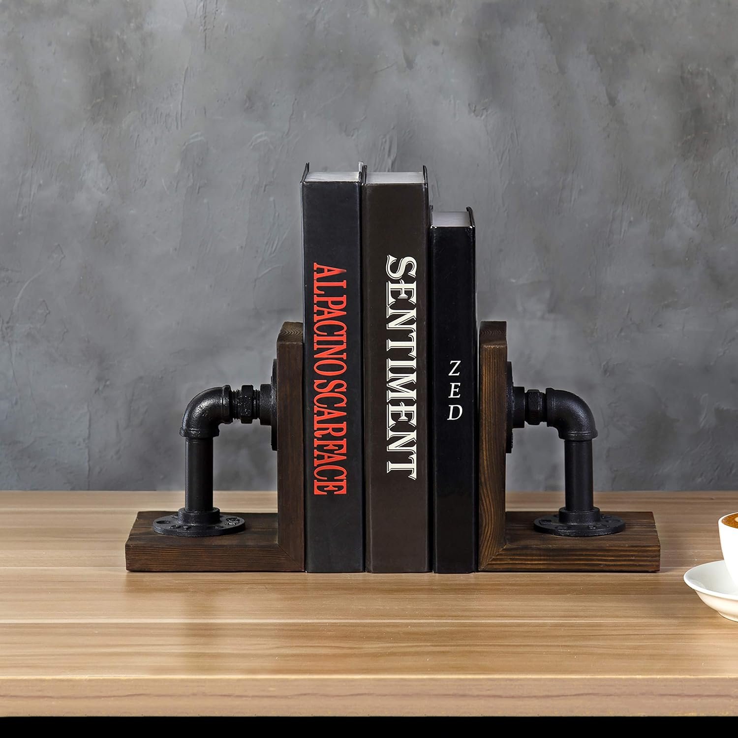 MyGift Book Ends Decorative, Bookends for Shelves, Metal Bookends for Heavy Books, Office Decor for Men, Wood Book Stopper, Realistic Industrial Pipe Design, Dark Brown - Image 9