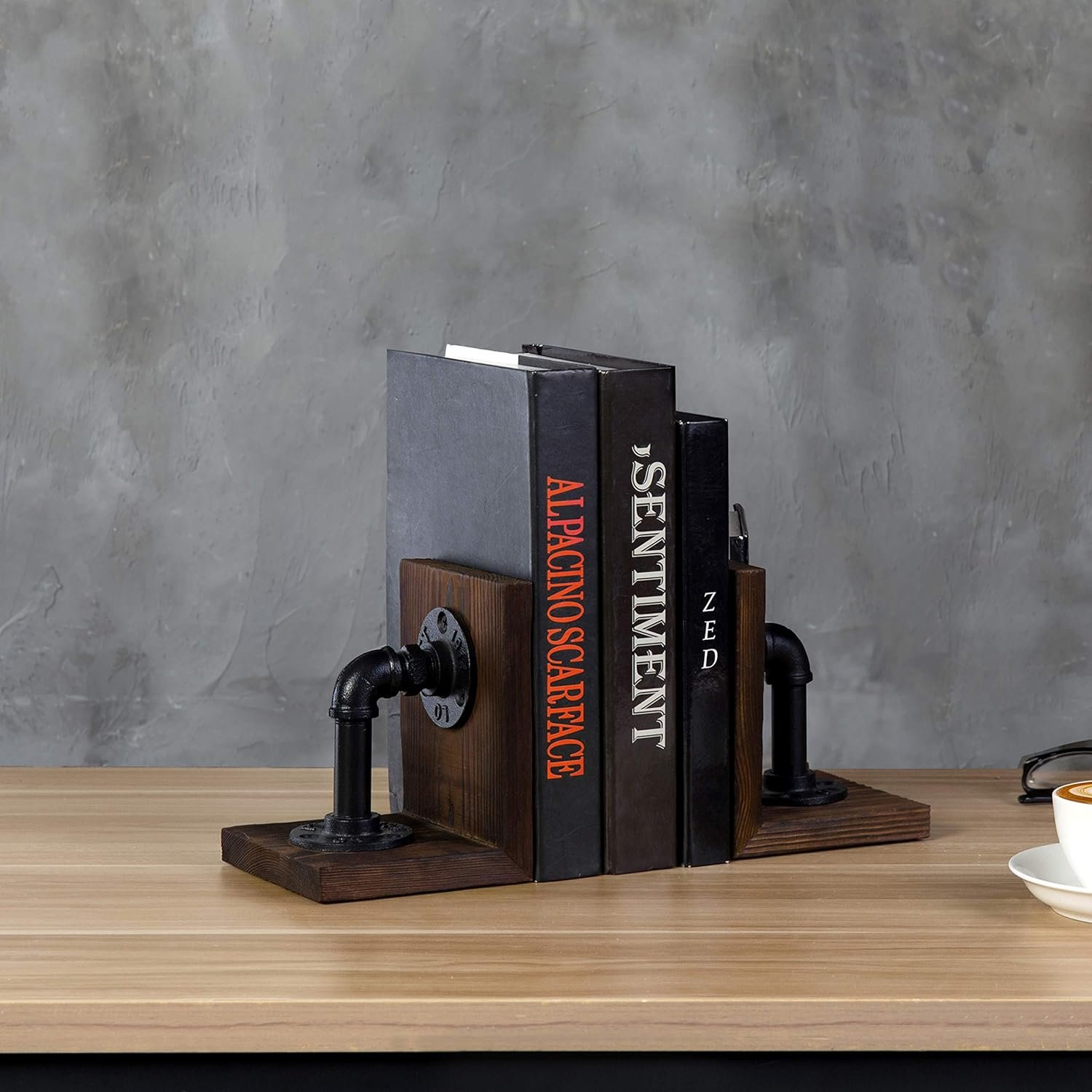 MyGift Book Ends Decorative, Bookends for Shelves, Metal Bookends for Heavy Books, Office Decor for Men, Wood Book Stopper, Realistic Industrial Pipe Design, Dark Brown - Image 10