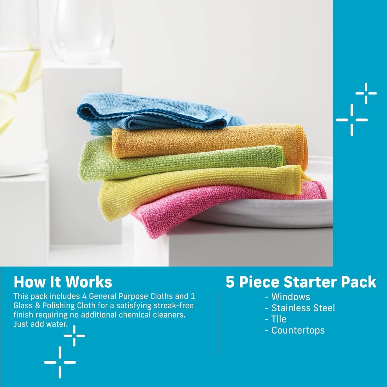 E-Cloth 5-pc Starter Pack- Microfiber Cleaning Cloth Set with Reusable Cleaning Cloth and Glass Polishing Cloth, Assorted Color Microfiber Cleaner for Bathroom, Kitchen, and Car - 1 Pack - Image 3