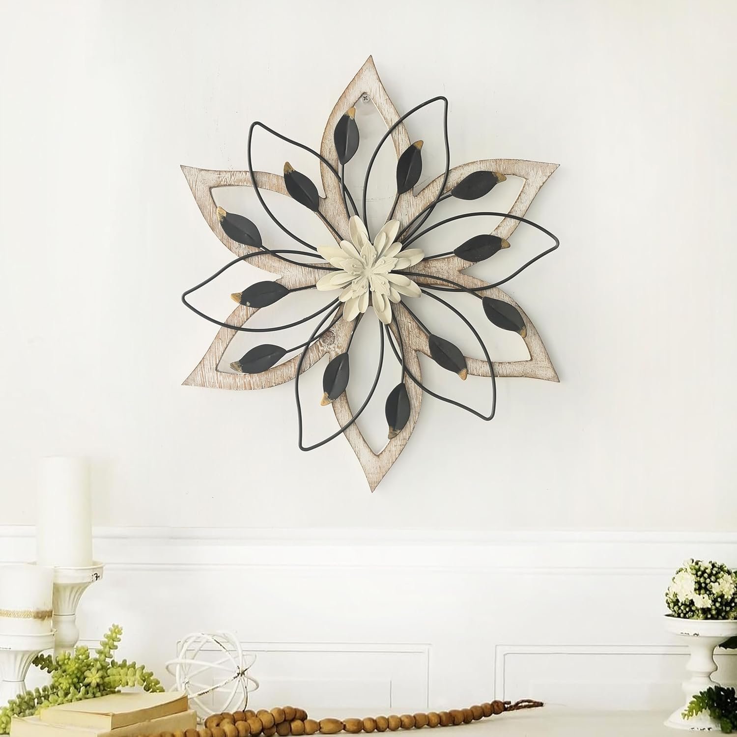 Remenna Whitewash Flowers Wood Wall Decor, Metal Rustic Wall Art Farmhouse Wall Decorations Multiple Floral Hanging Decor for Bathroom Living Room Home Office Garden Kitchen - Image 3