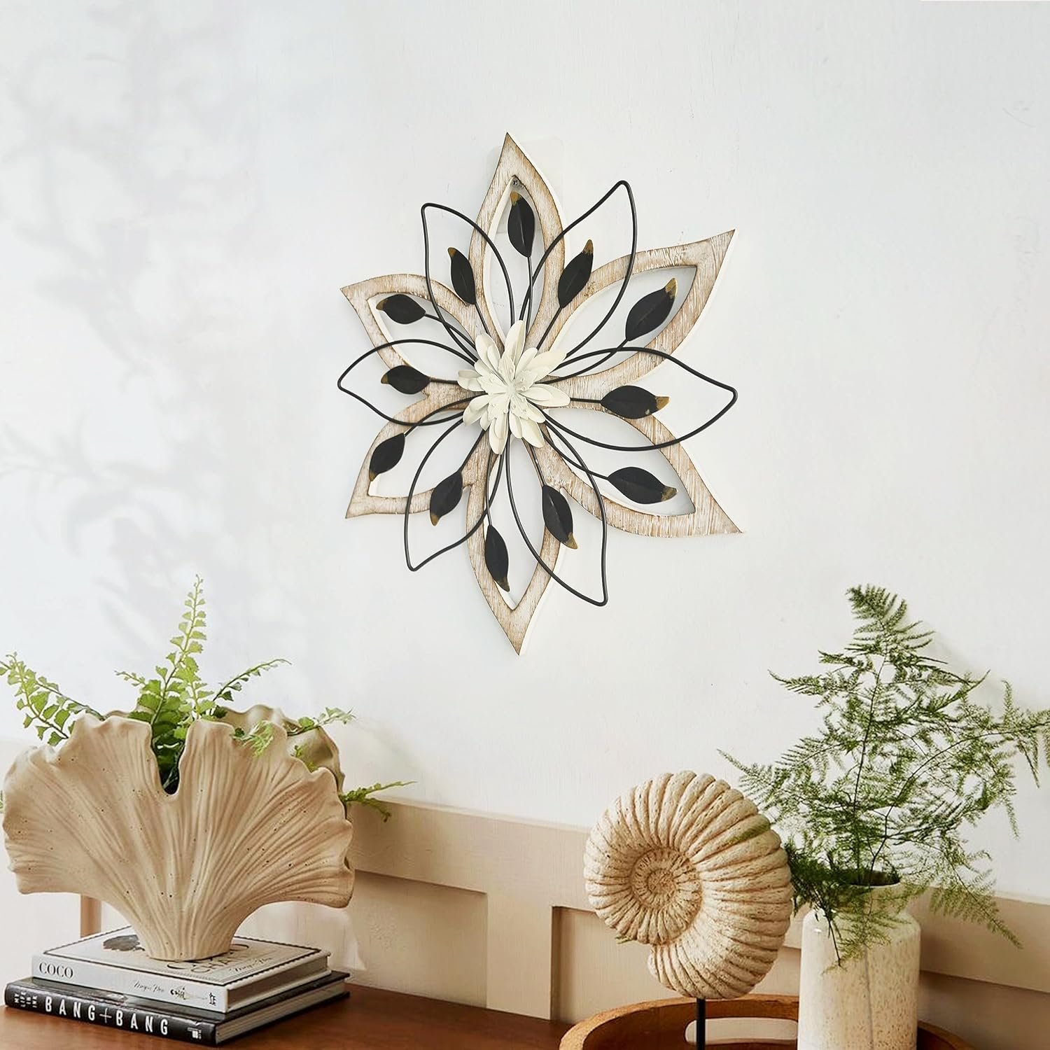 Remenna Whitewash Flowers Wood Wall Decor, Metal Rustic Wall Art Farmhouse Wall Decorations Multiple Floral Hanging Decor for Bathroom Living Room Home Office Garden Kitchen - Image 7