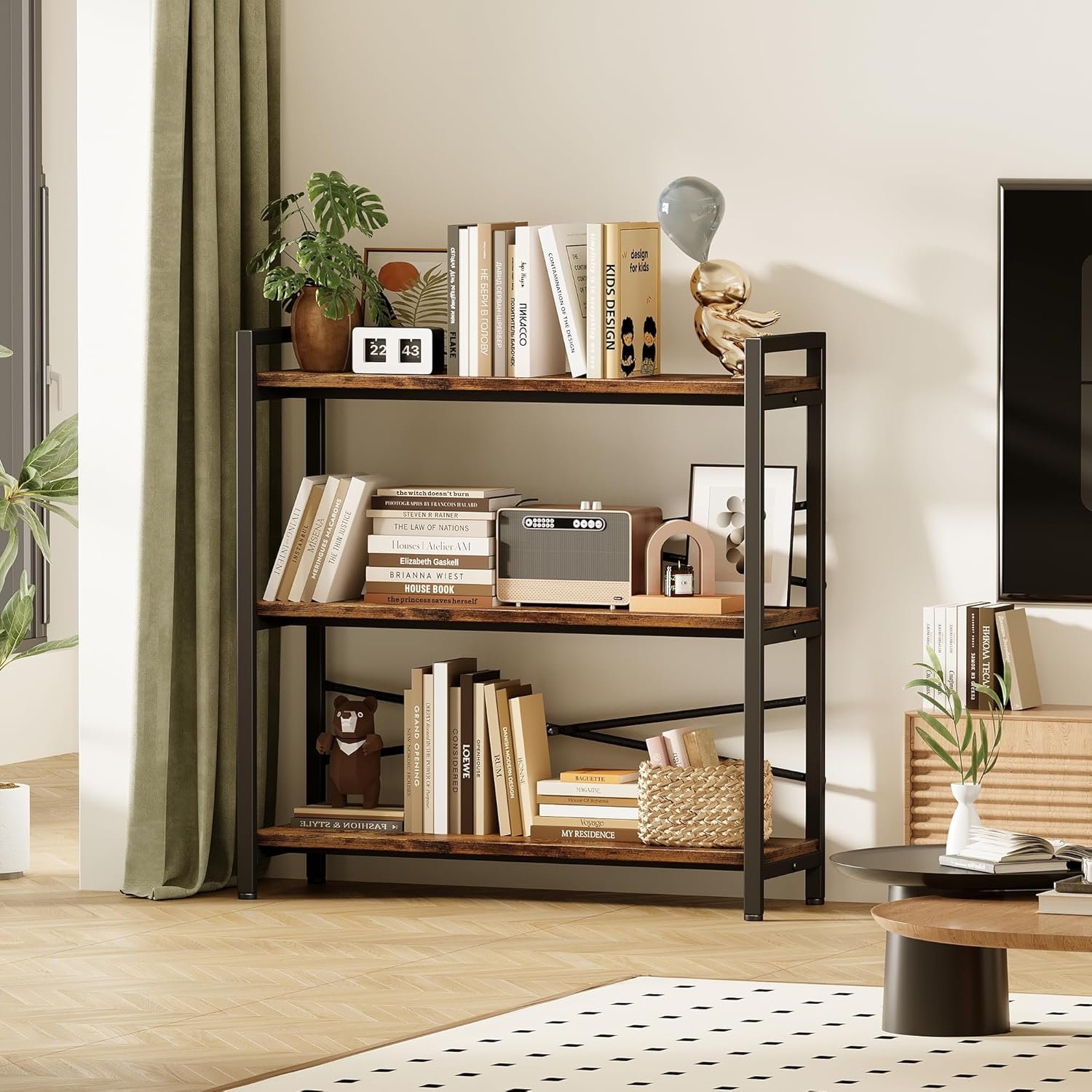 Book Shelf, 3 Tier Bookshelf 31.49" Width, Book Shelf Storage and Organization, Wooden and Metal Industrial Bookcase, Large Book Shelves for Home Living Room Bedroom Office Storage(Vintage) - Image 3