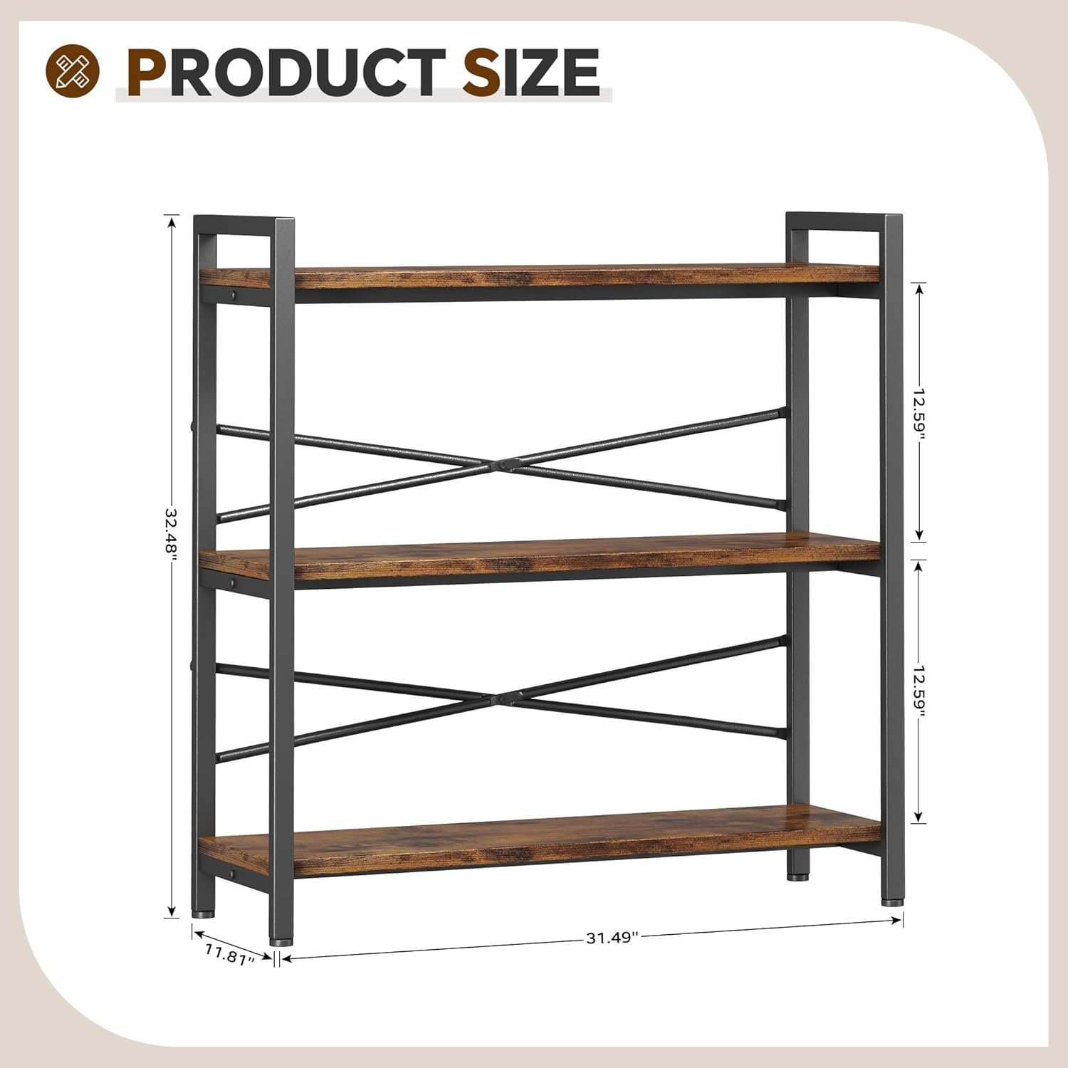 Book Shelf, 3 Tier Bookshelf 31.49" Width, Book Shelf Storage and Organization, Wooden and Metal Industrial Bookcase, Large Book Shelves for Home Living Room Bedroom Office Storage(Vintage) - Image 4