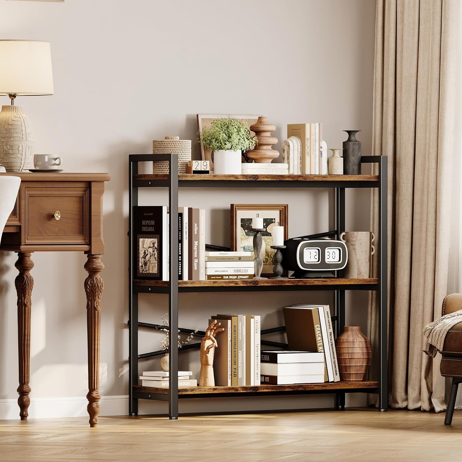 Book Shelf, 3 Tier Bookshelf 31.49" Width, Book Shelf Storage and Organization, Wooden and Metal Industrial Bookcase, Large Book Shelves for Home Living Room Bedroom Office Storage(Vintage) - Image 5