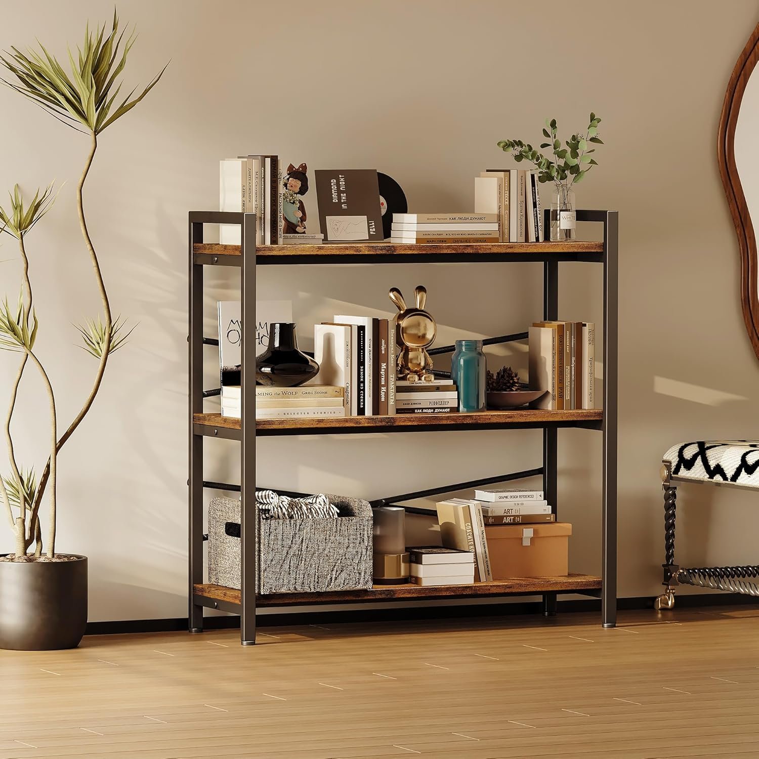 Book Shelf, 3 Tier Bookshelf 31.49" Width, Book Shelf Storage and Organization, Wooden and Metal Industrial Bookcase, Large Book Shelves for Home Living Room Bedroom Office Storage(Vintage) - Image 8