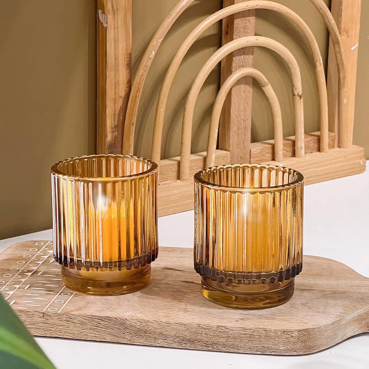 Kate Aspen Vintage Glass Tealight & Amber Votive Candle Holders (Set of 6) Rustic Fluted Candle Holder Set, Boho Home Decor, Wedding Table Centerpieces, Farmhouse Kitchen Table Decor - Image 3